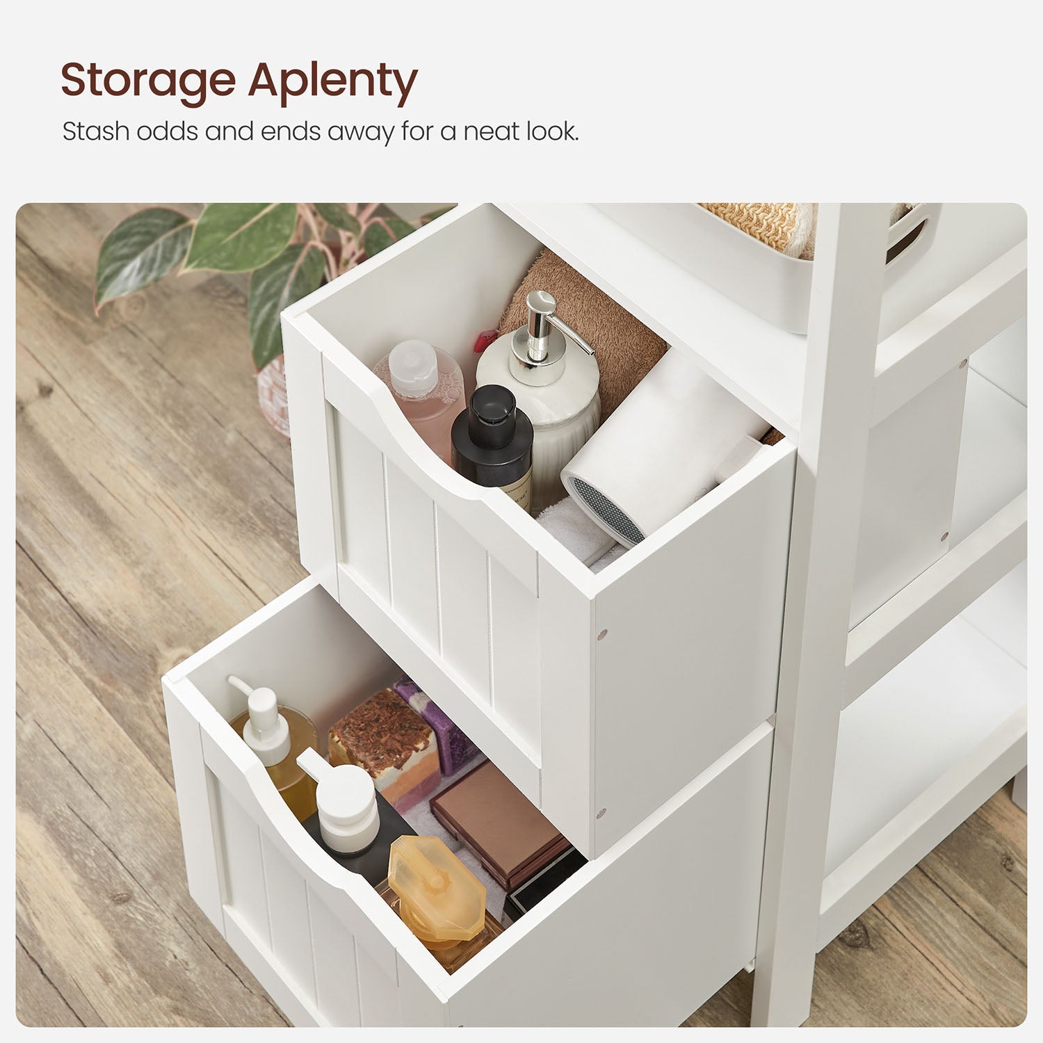 Corner bathroom cabinet - freestanding storage unit - 2 drawers + open shelf - 35" tall