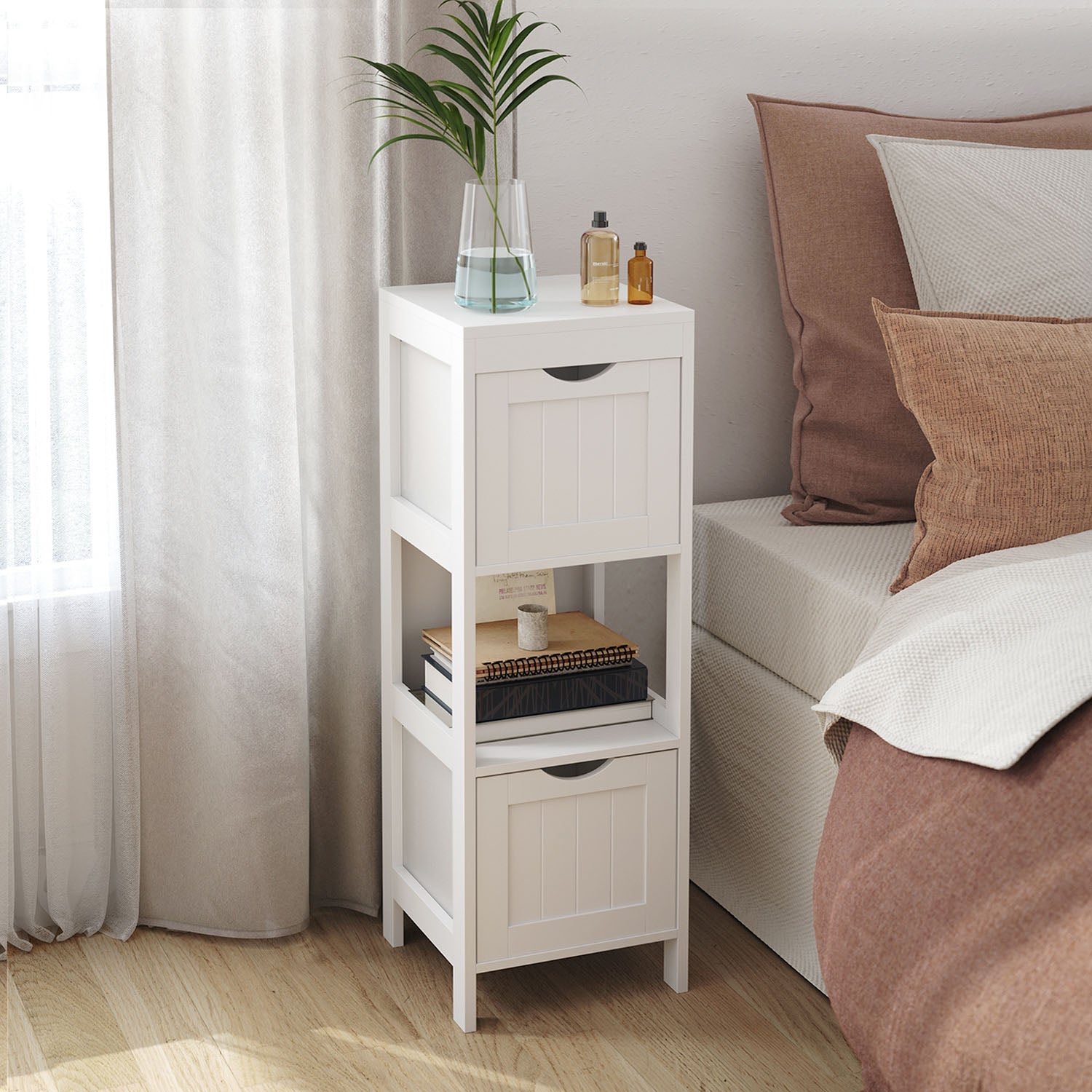 Corner bathroom cabinet - freestanding storage unit - 2 drawers + open shelf - 35" tall