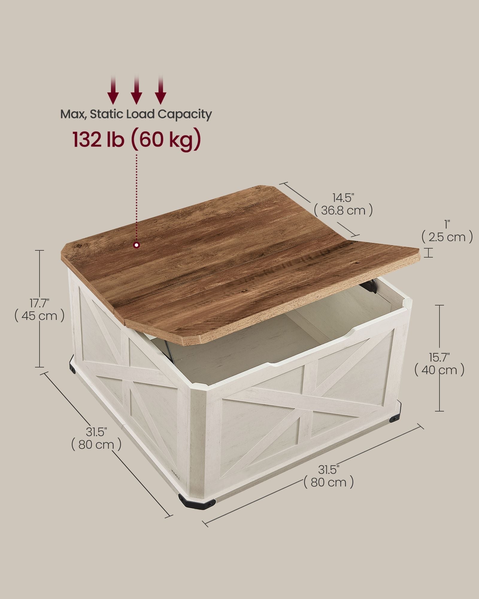 Farmhouse Coffee Table – Square Storage Trunk – Flip-Top Design – 56 Gal Capacity