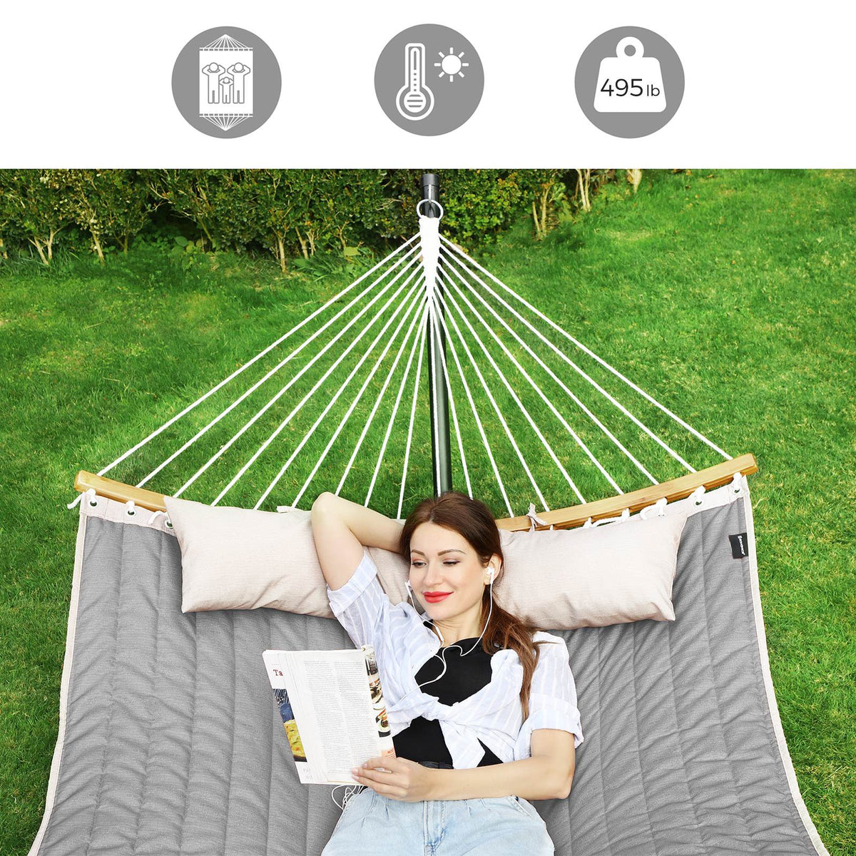 Quilted Hammock with Curved Bamboo Spreaders - Pillow