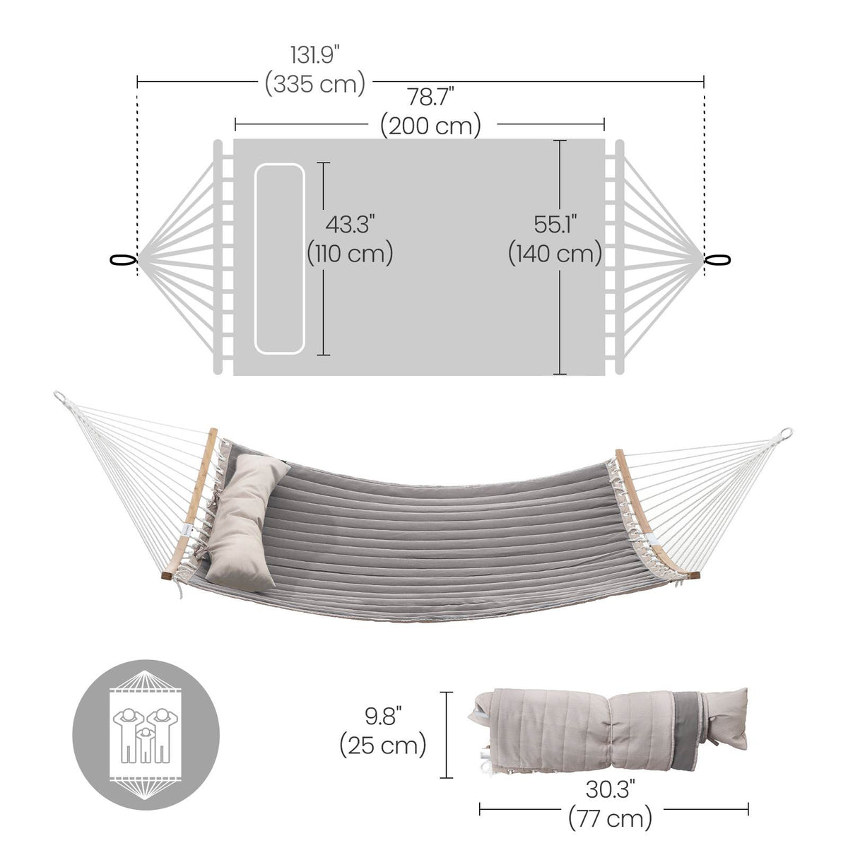 Quilted Hammock with Curved Bamboo Spreaders - Pillow
