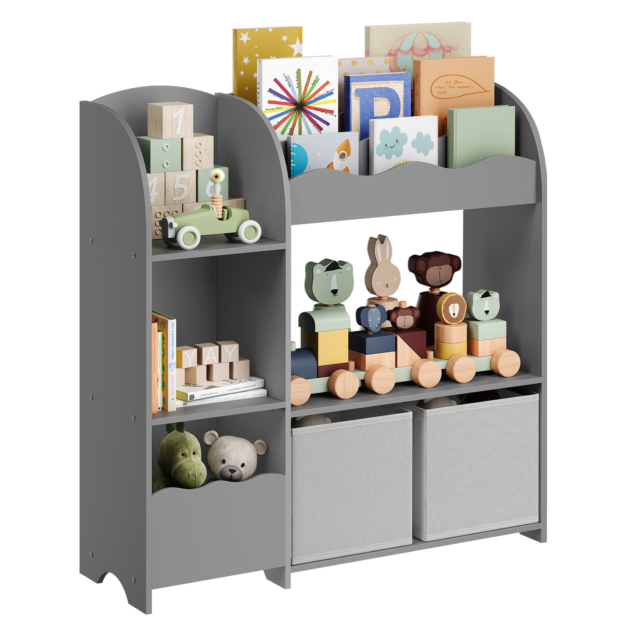 Toy and Book Organizer for Kids - Kids Bookshelf and Toy Storage - Storage Organizer with 2 Storage Boxes - for Playroom - Children's Room - Living Room - Dove Gray