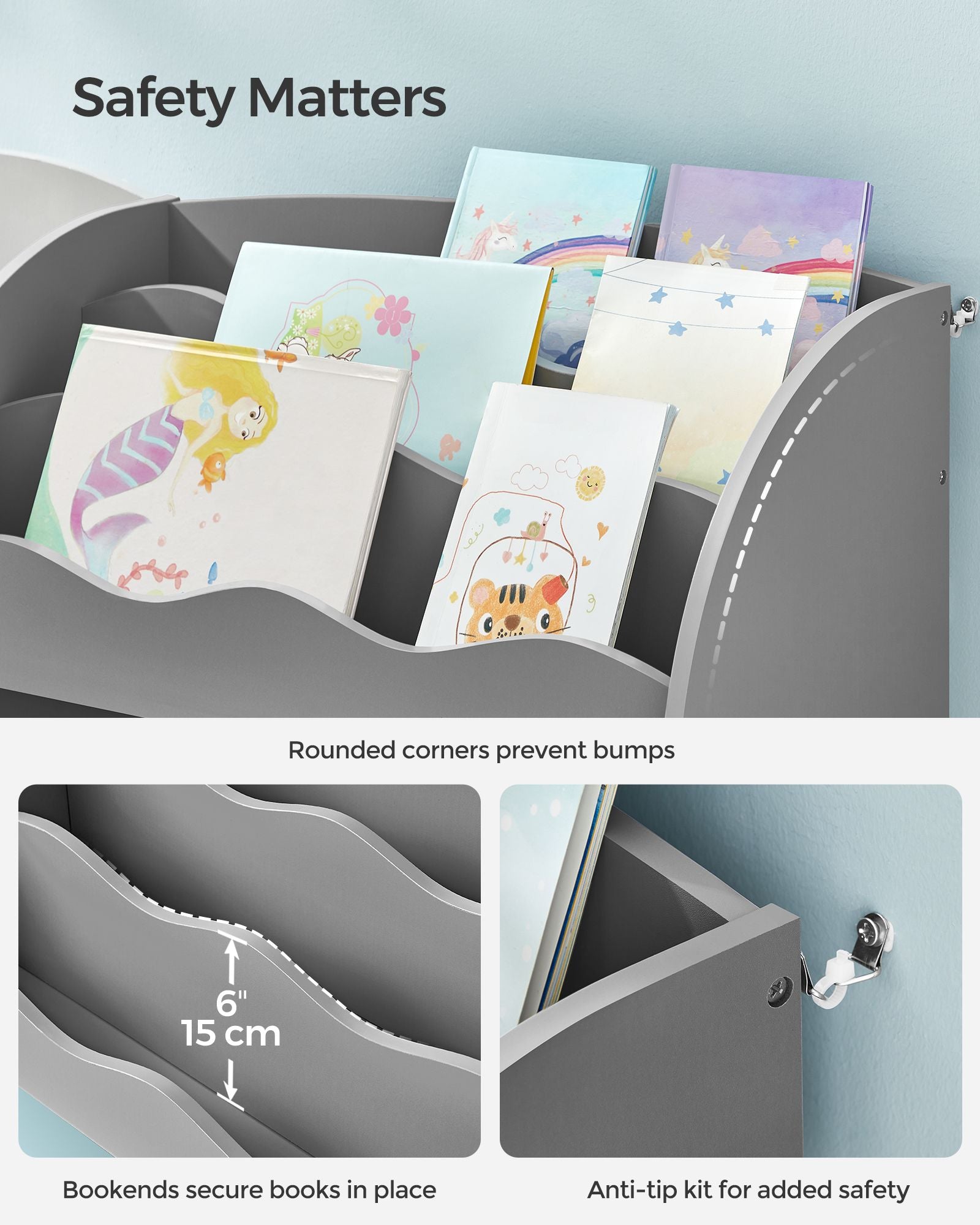 Toy and Book Organizer for Kids - Kids Bookshelf and Toy Storage - Storage Organizer with 2 Storage Boxes - for Playroom - Children's Room - Living Room - Dove Gray