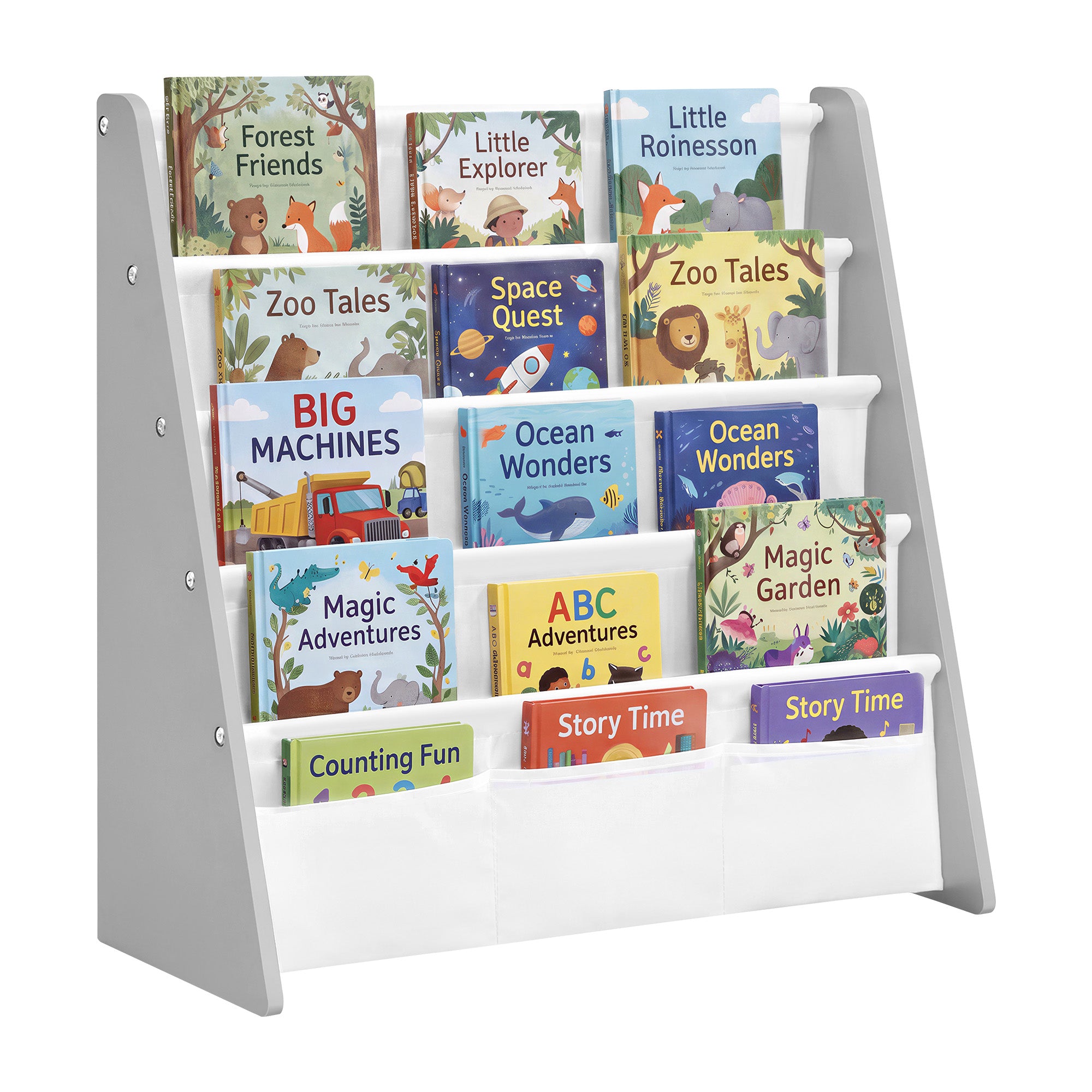 Kids Bookshelf - 4-Tier Sling Bookcase - Fabric Organizer for Toddlers - Child-Friendly Storage Rack for Playroom - 24.6 x 9.8 x 23.6 Inch - Dove Gray and White - TEZA Collection UGKR079GD01 - Dove Gray and White