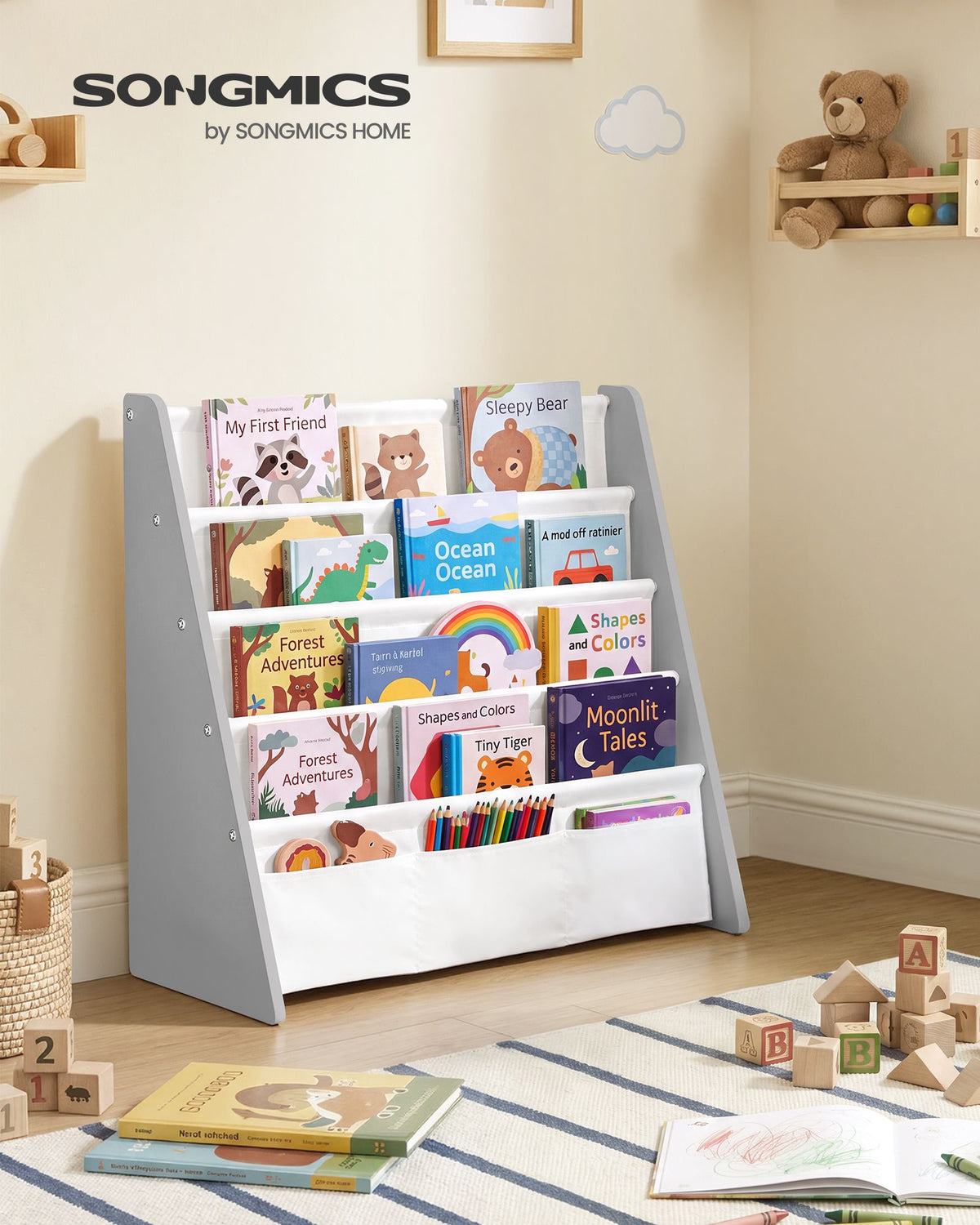 Kids Bookshelf - 4-Tier Sling Design - Fabric Organizer - TEZA Collection