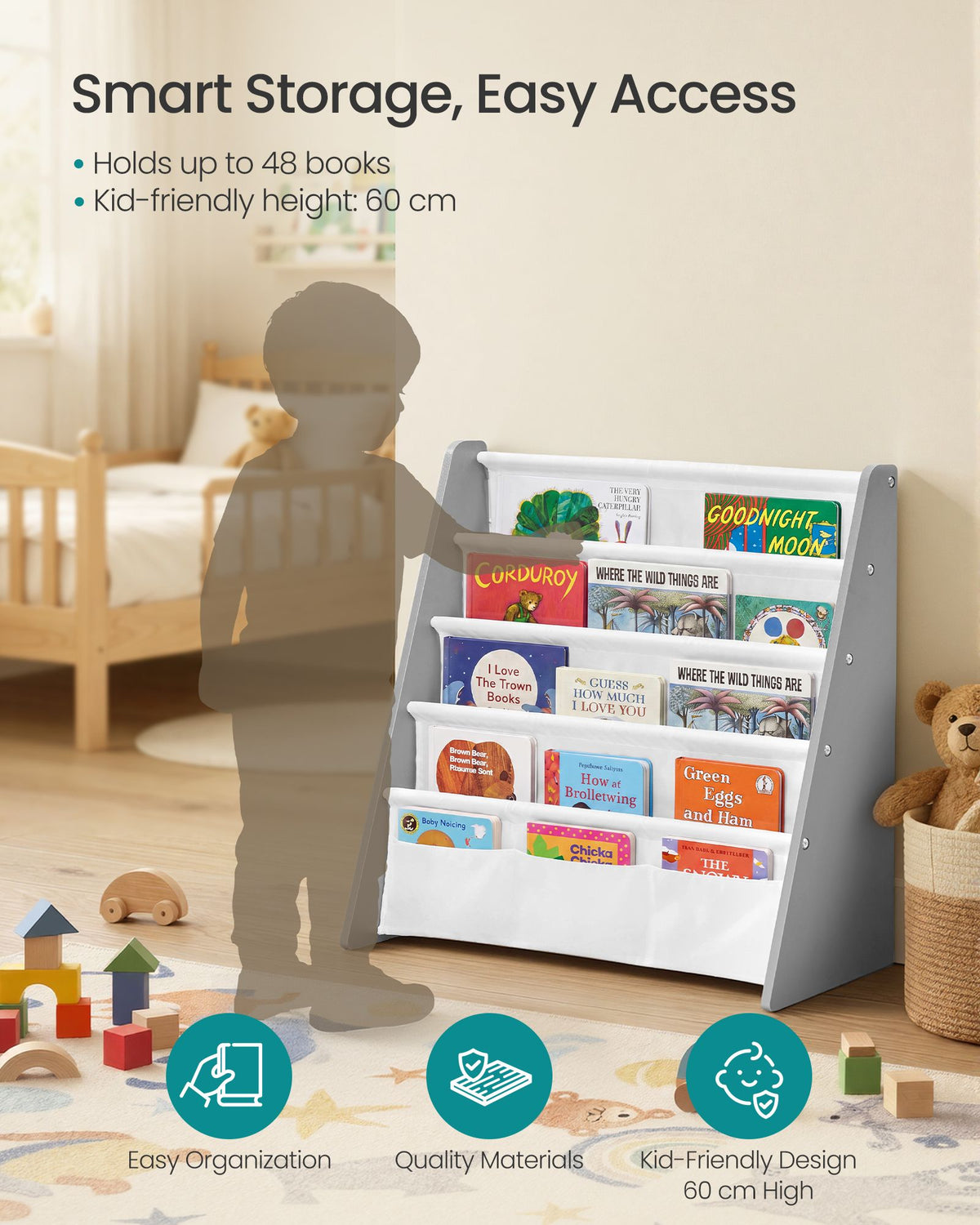 Kids Bookshelf - 4-Tier Sling Design - Fabric Organizer - TEZA Collection