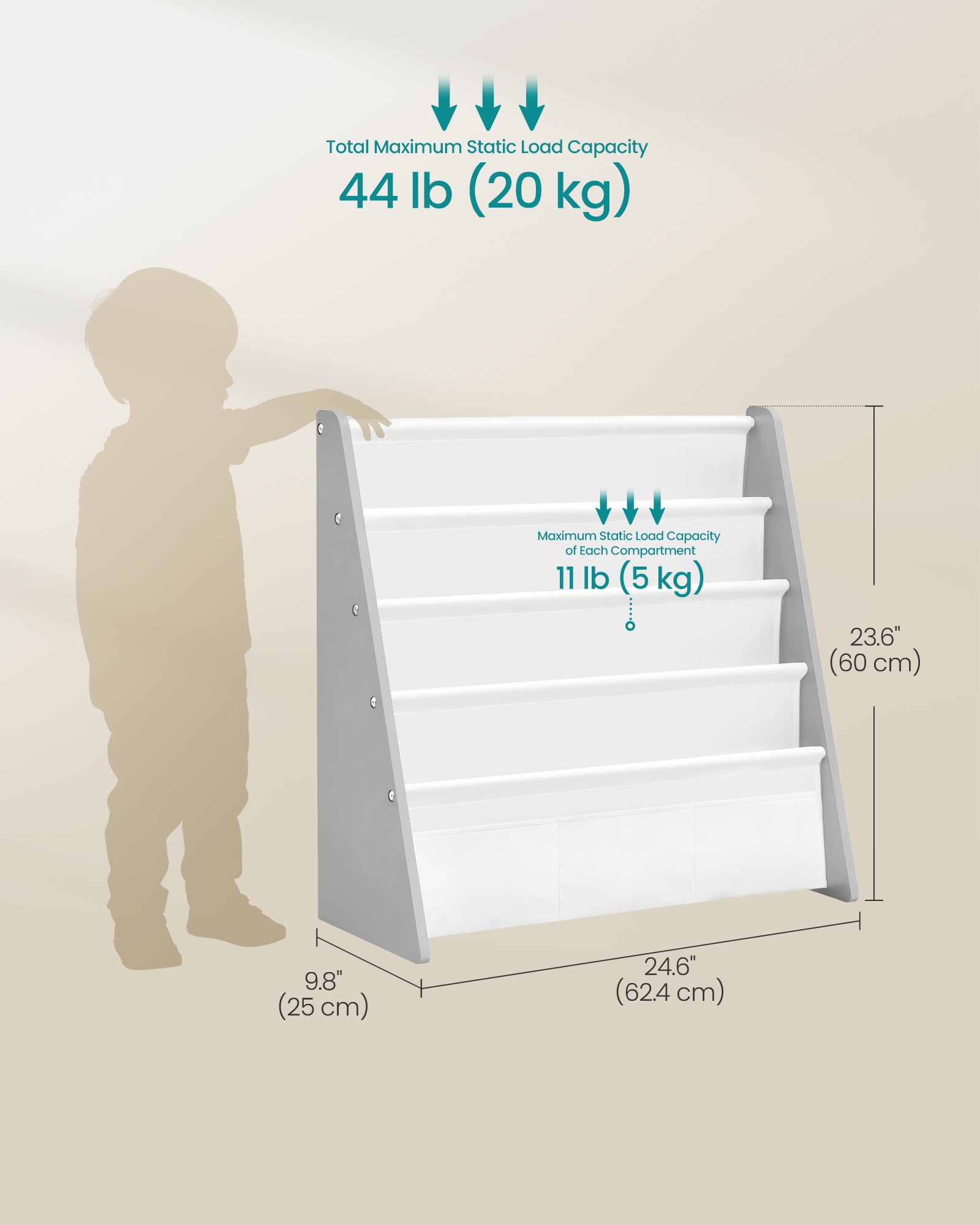 Kids Bookshelf - 4-Tier Sling Bookcase - Fabric Organizer for Toddlers - Child-Friendly Storage Rack for Playroom - 24.6 x 9.8 x 23.6 Inch - Dove Gray and White - TEZA Collection UGKR079GD01 - Dove Gray and White