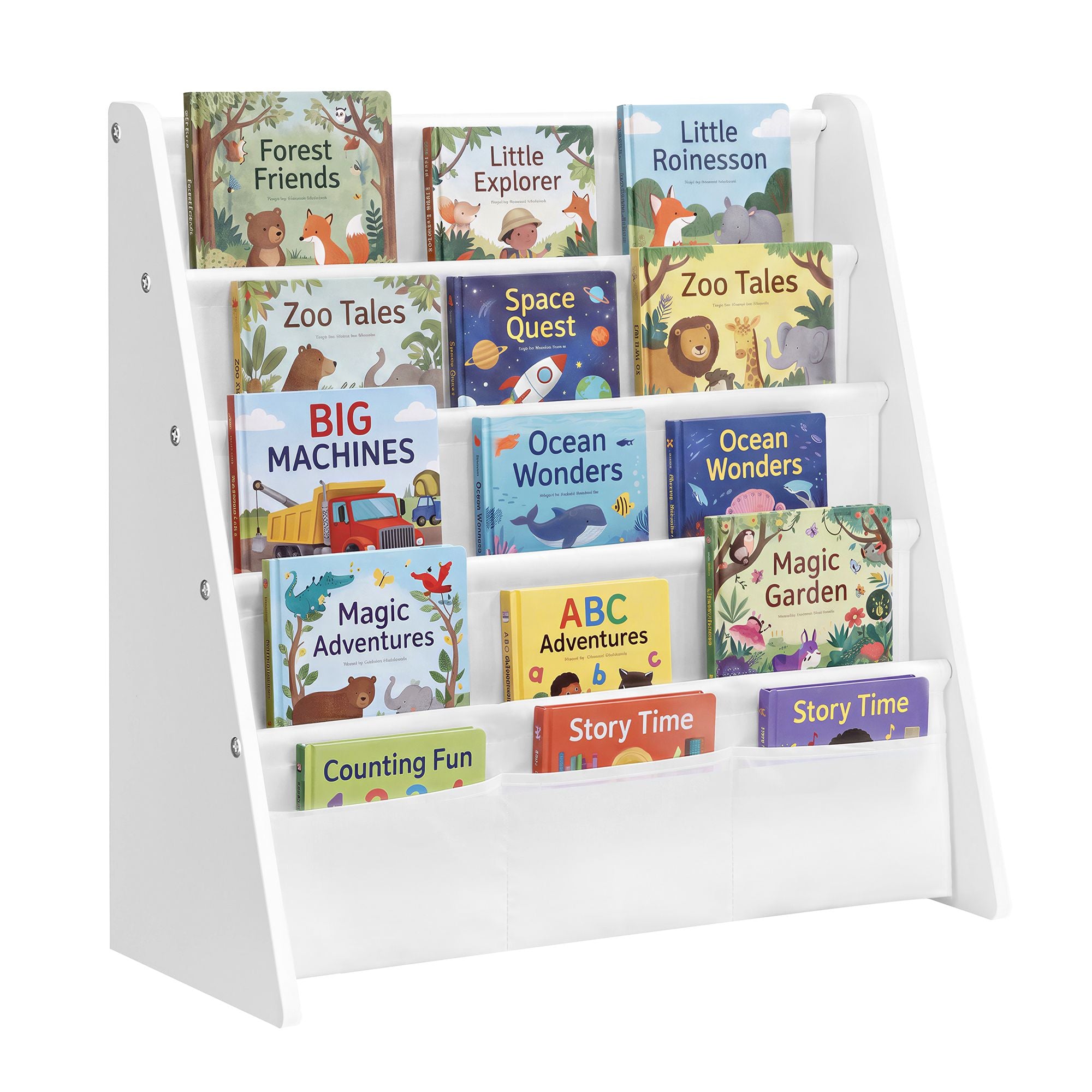 Kids Bookshelf - 4-Tier Sling Bookcase - Fabric Organizer for Toddlers - Child-Friendly Storage Rack for Playroom - 24.6 x 9.8 x 23.6 Inch - Dove Gray and White - TEZA Collection UGKR079GD01 - Cloud White and White