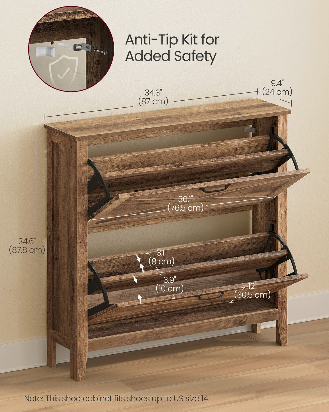 LIRY Collection - Shoe Storage Cabinet Organizer with 2 Flip Drawers Fits 12 to 16 Pairs