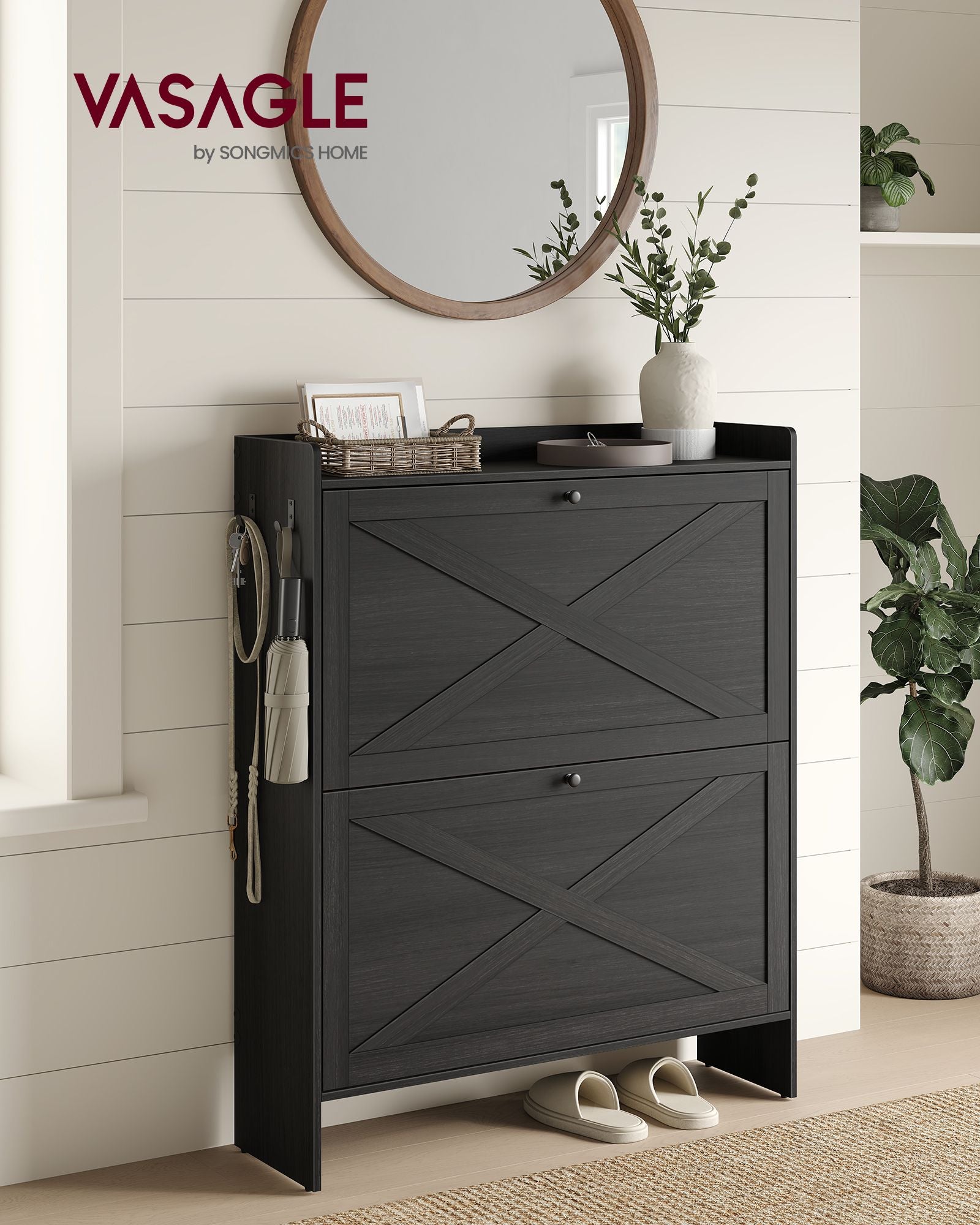 Shoe Storage Cabinet Organizer with 2 Flip Drawers - Black