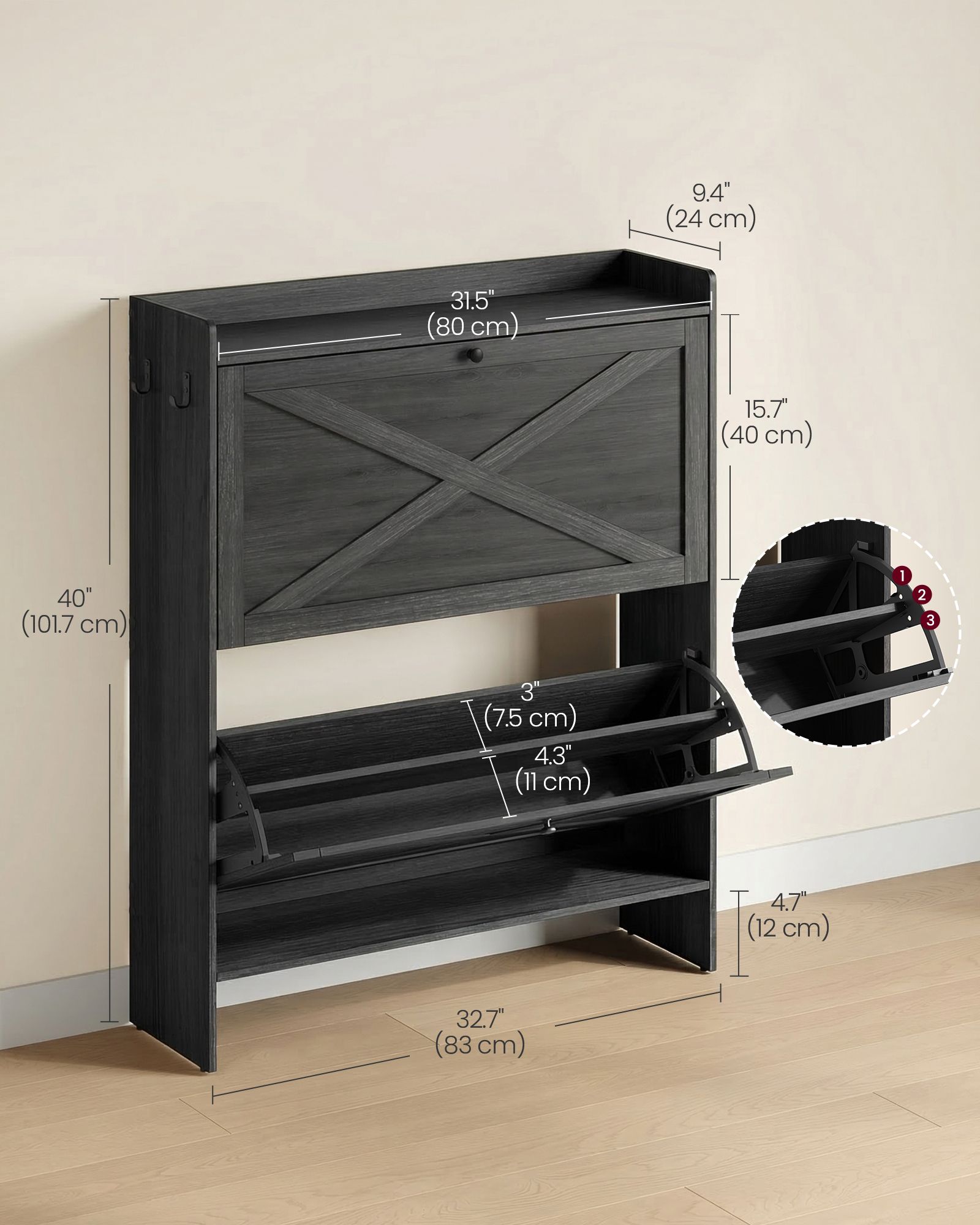 Shoe Storage Cabinet Organizer with 2 Flip Drawers - Black