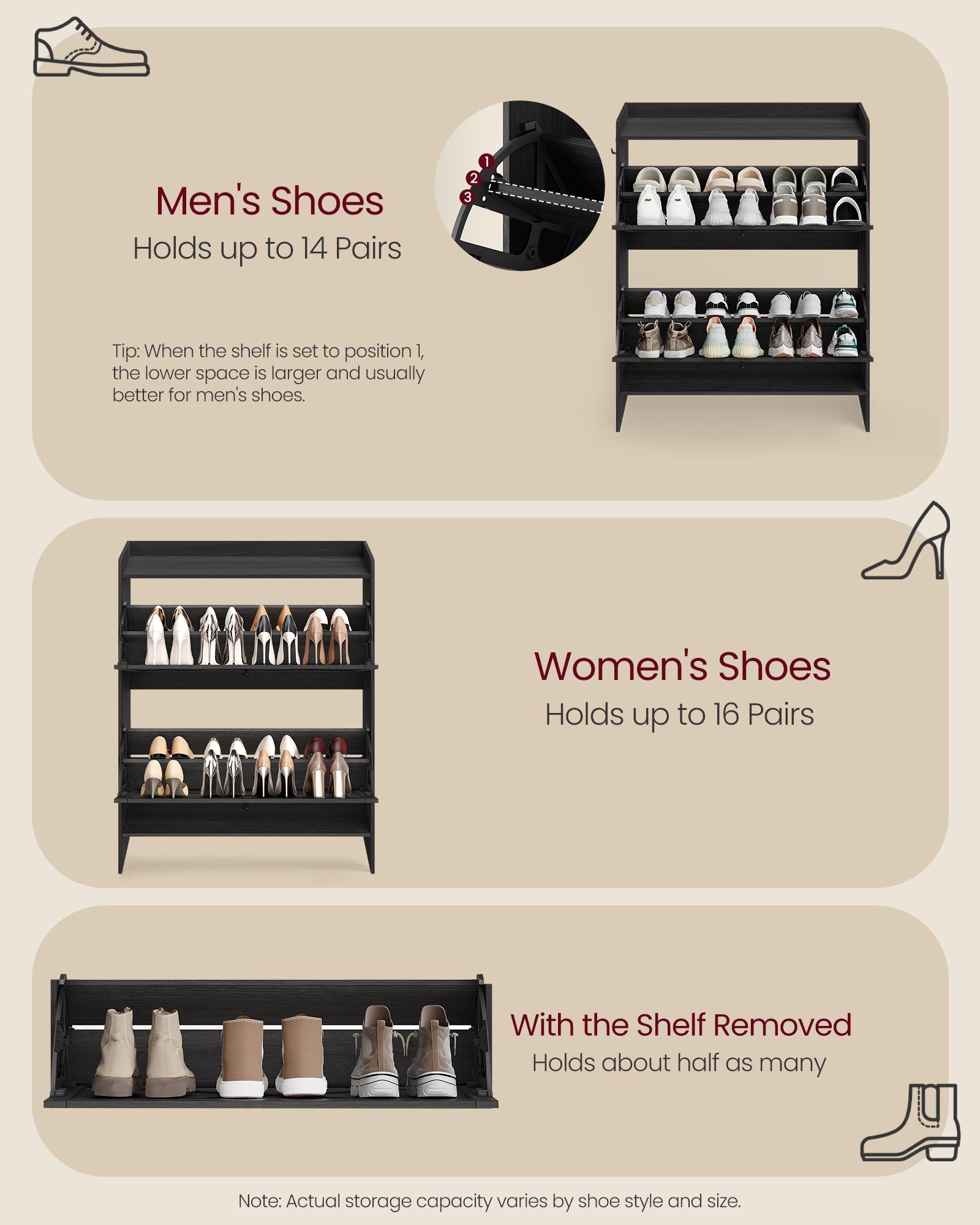 Shoe Storage Cabinet Organizer with 2 Flip Drawers - Black