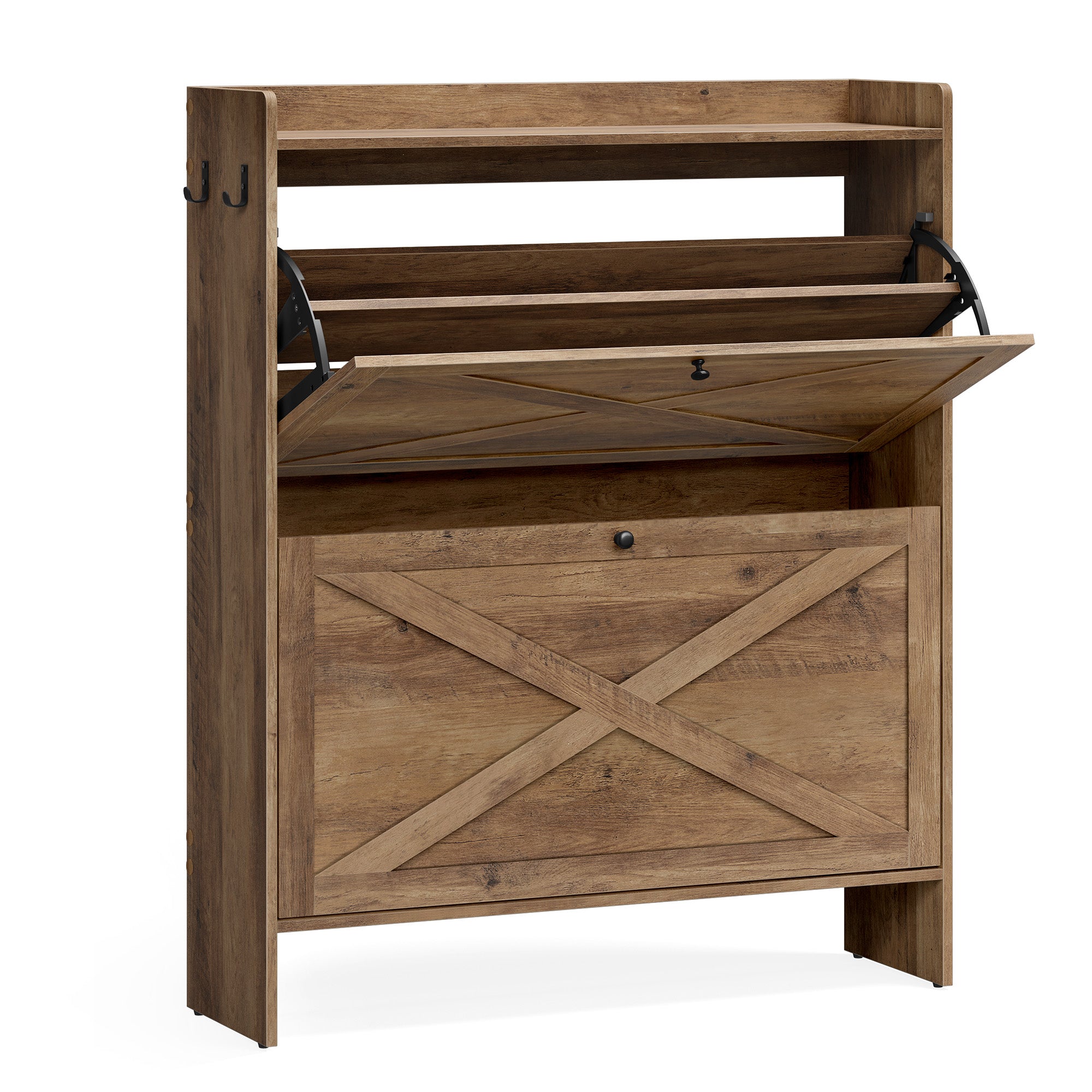 Shoe Storage Cabinet Organizer with 2 Flip Drawers - Rustic Brown