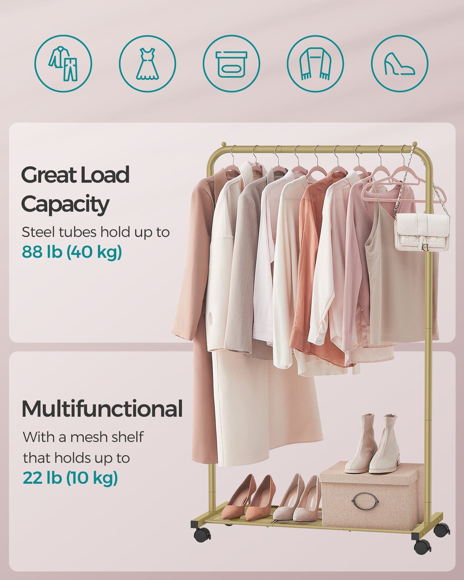 Clothes Rack with Wheels and Dense Mesh Storage Shelf - Gold