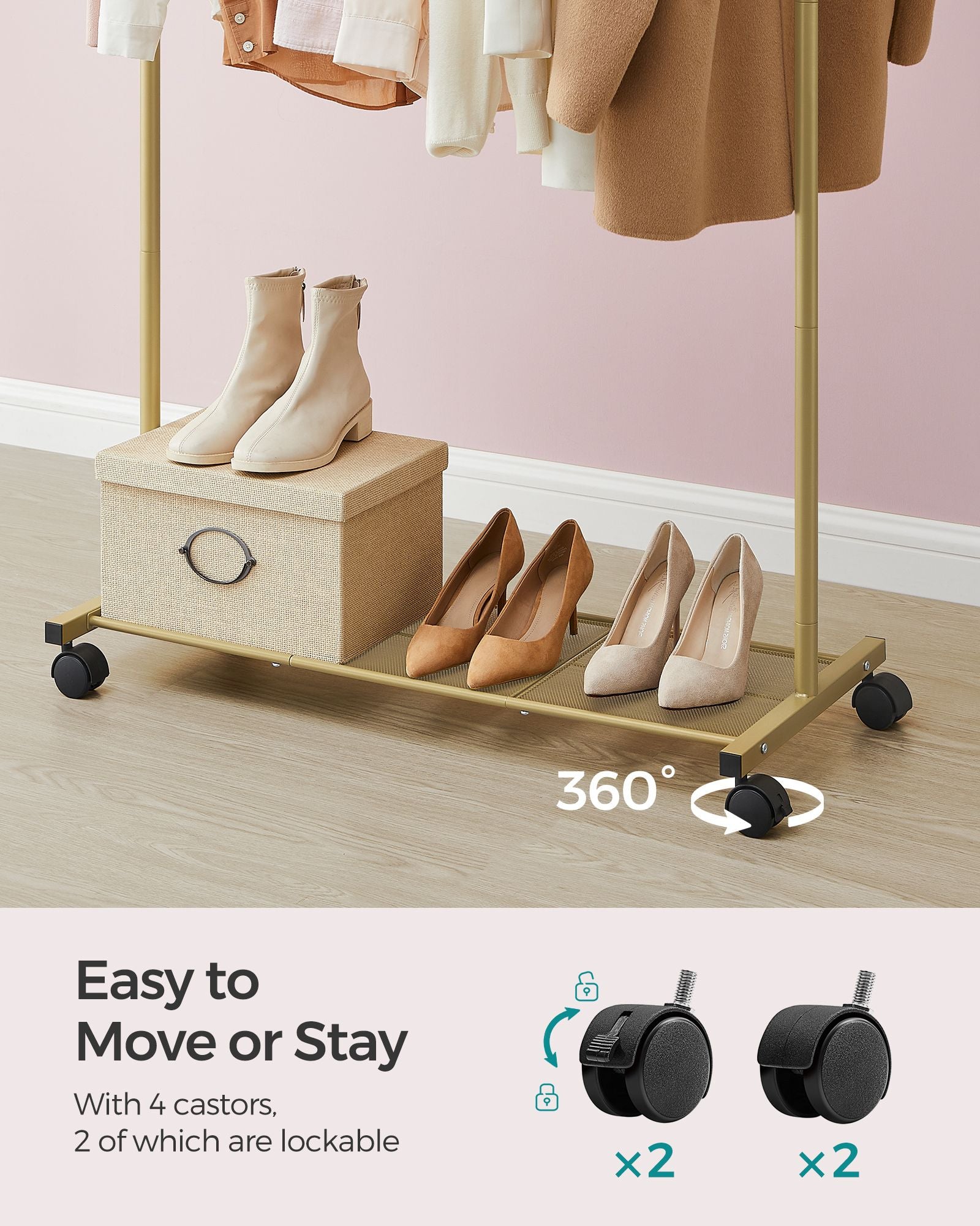 Clothes Rack with Wheels and Dense Mesh Storage Shelf - Gold