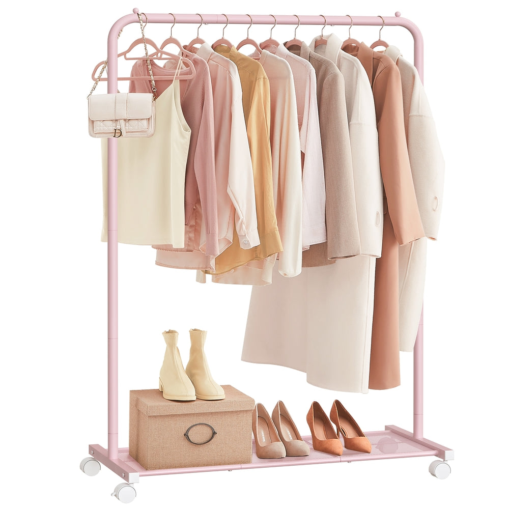 Clothes Rack with Wheels and Dense Mesh Storage Shelf - Pink - 15.9"D x 35.8"W x 61.8"H