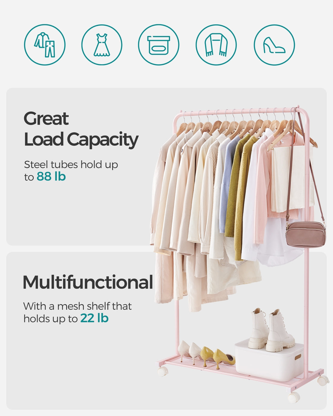 Clothes Rack - Dense Mesh Storage Shelf - Wheels with Brakes