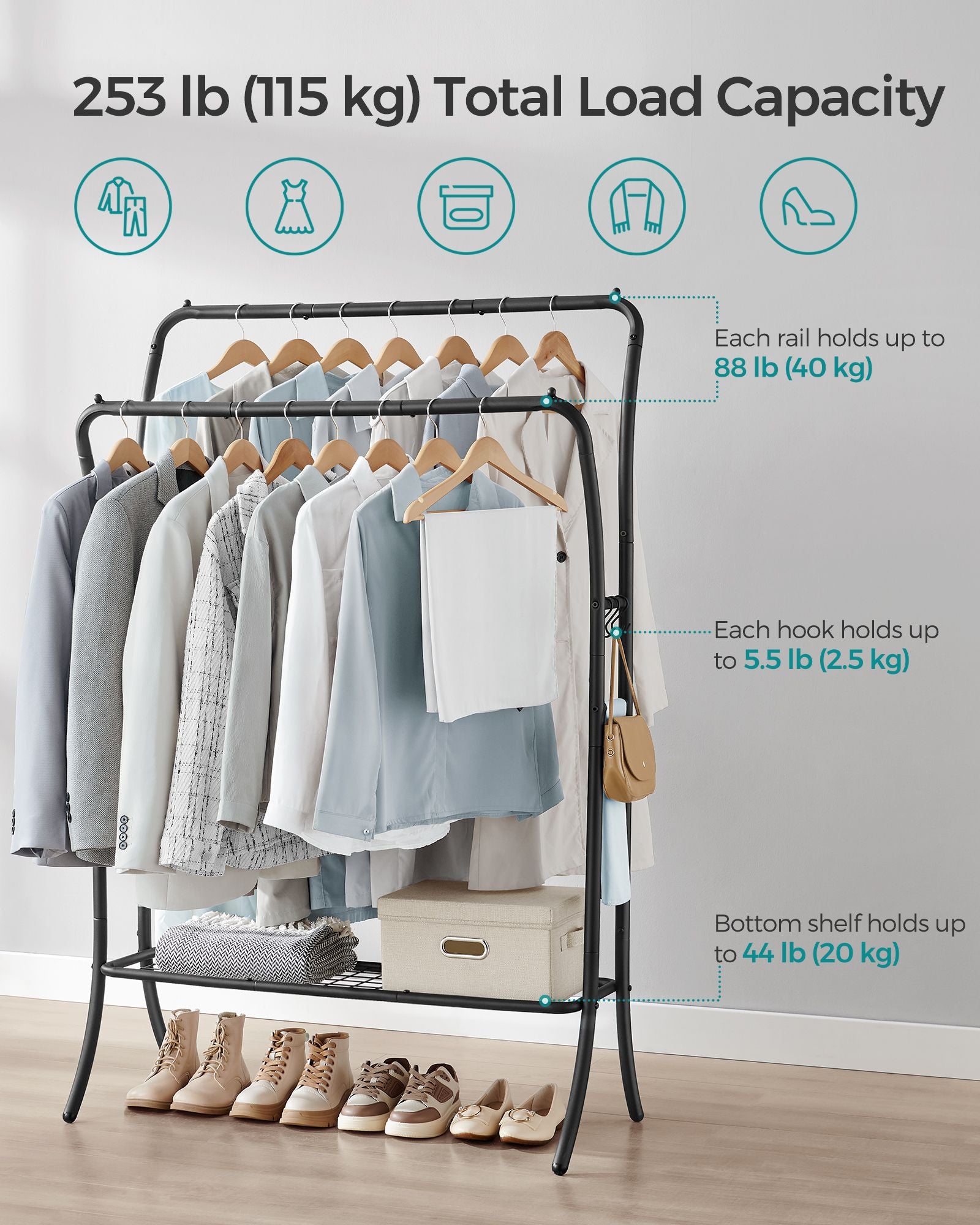 Double Rod Clothes Rack with Shelves - Ink Black