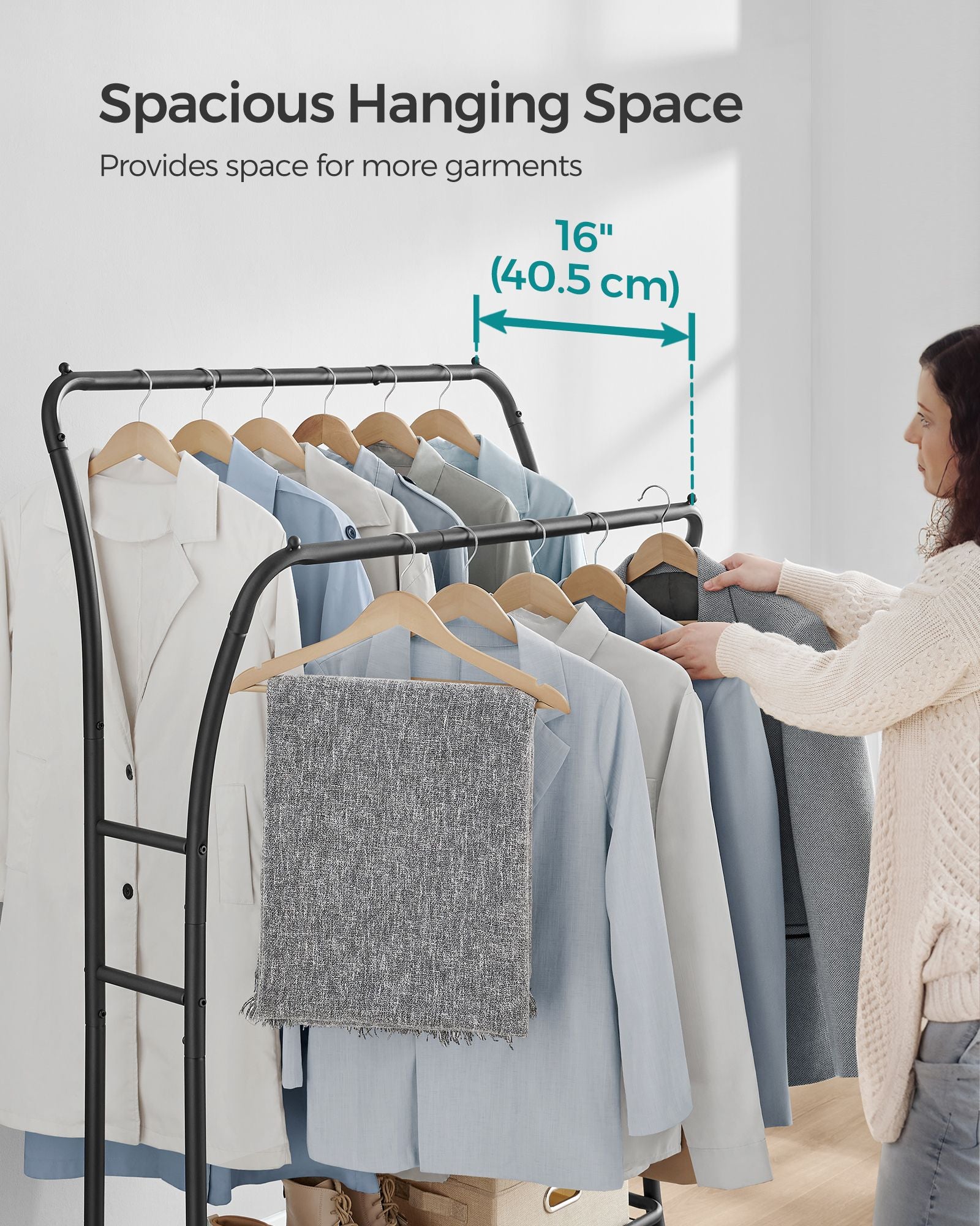 Double Rod Clothes Rack with Shelves - Ink Black