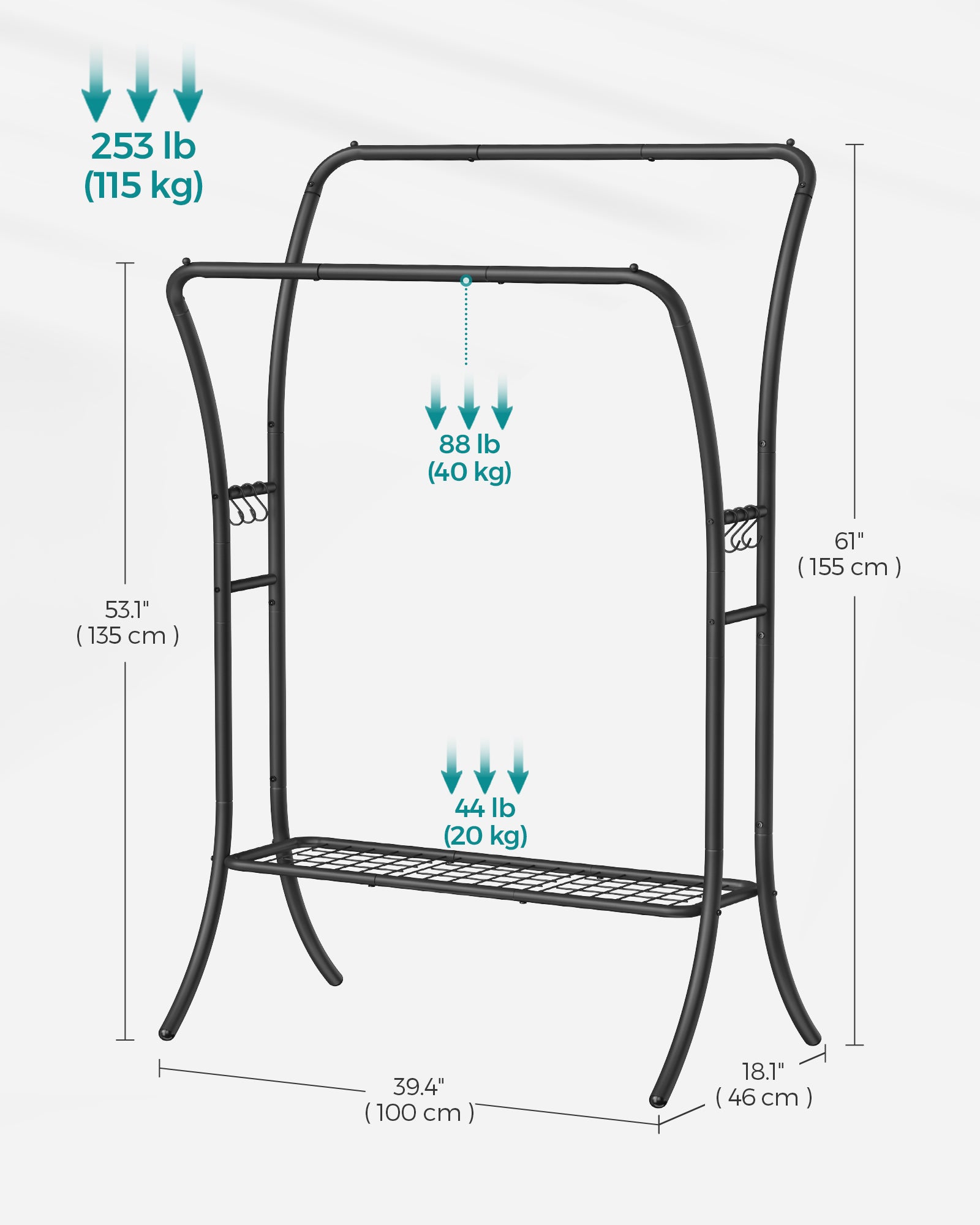 Double Rod Clothes Rack with Shelves - Ink Black
