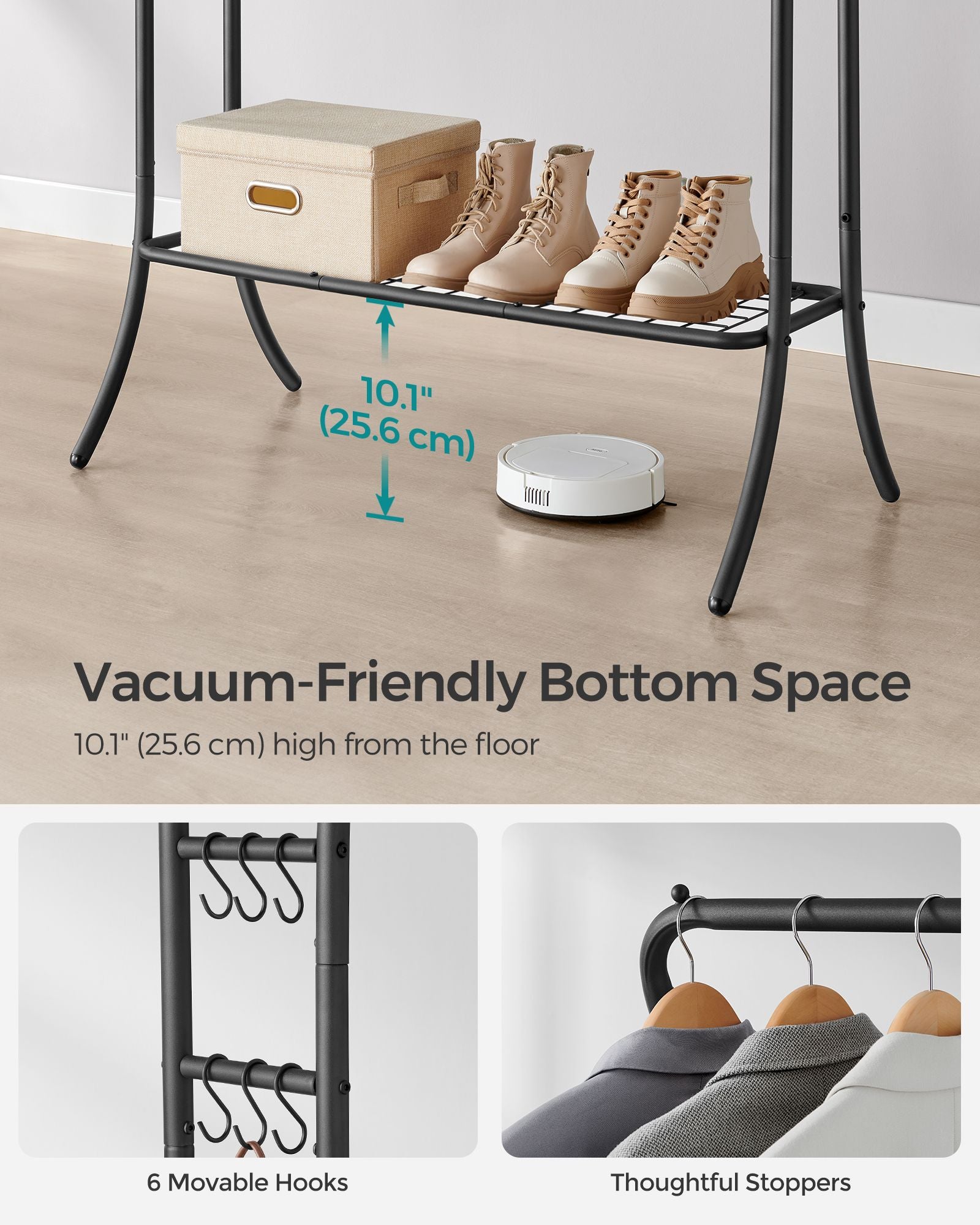 Double Rod Clothes Rack with Shelves - Ink Black