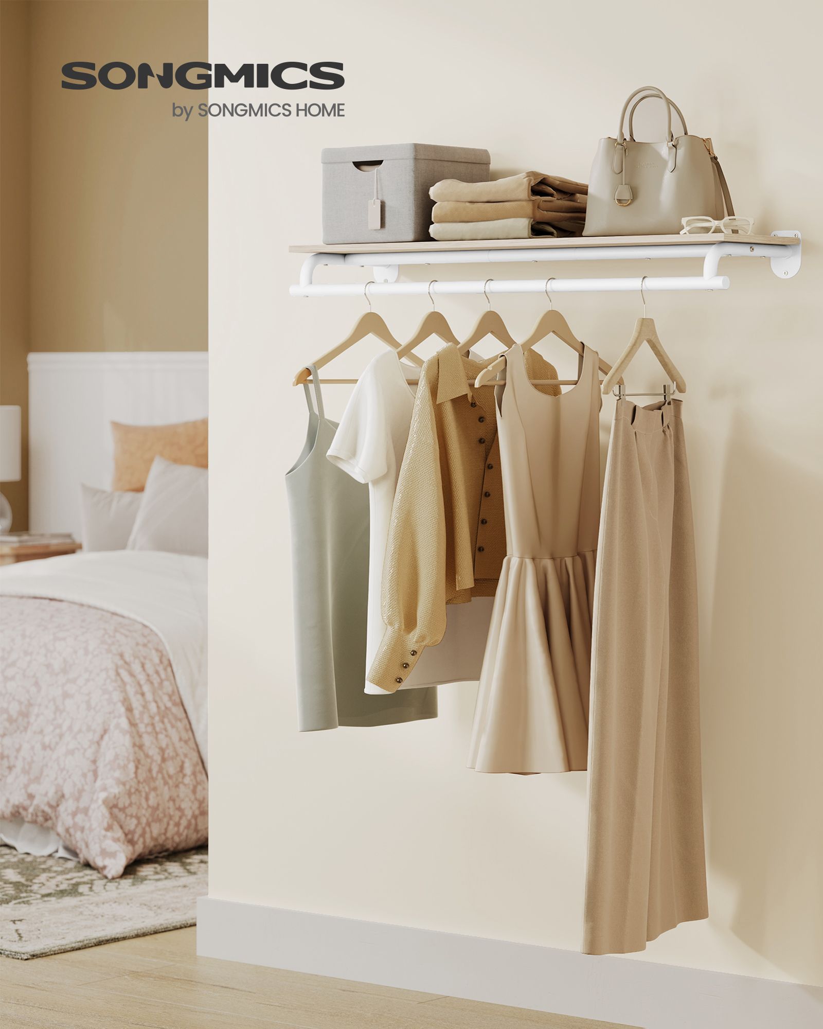 Clothes Rack with Top Shelf - Natural Beige, Cloud White