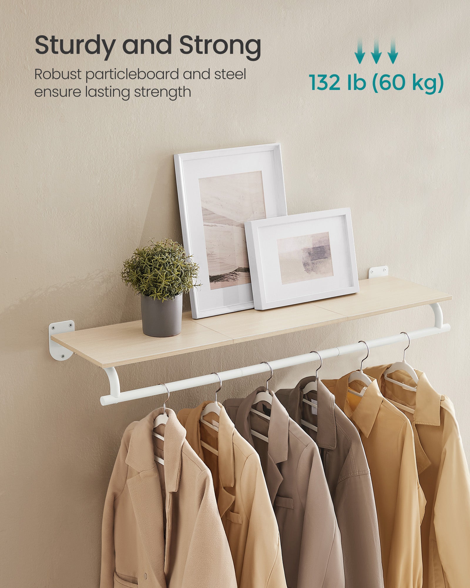Clothes Rack with Top Shelf - Natural Beige, Cloud White