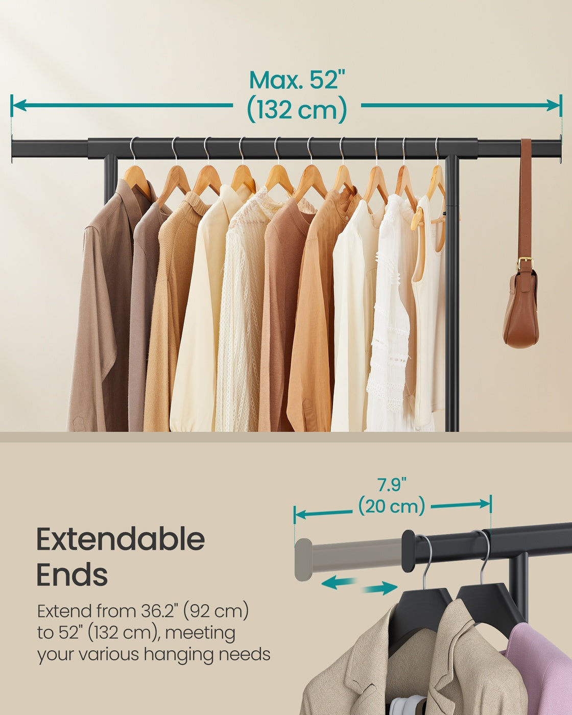 Clothes Rack with Extendable Hanging Rail - Black