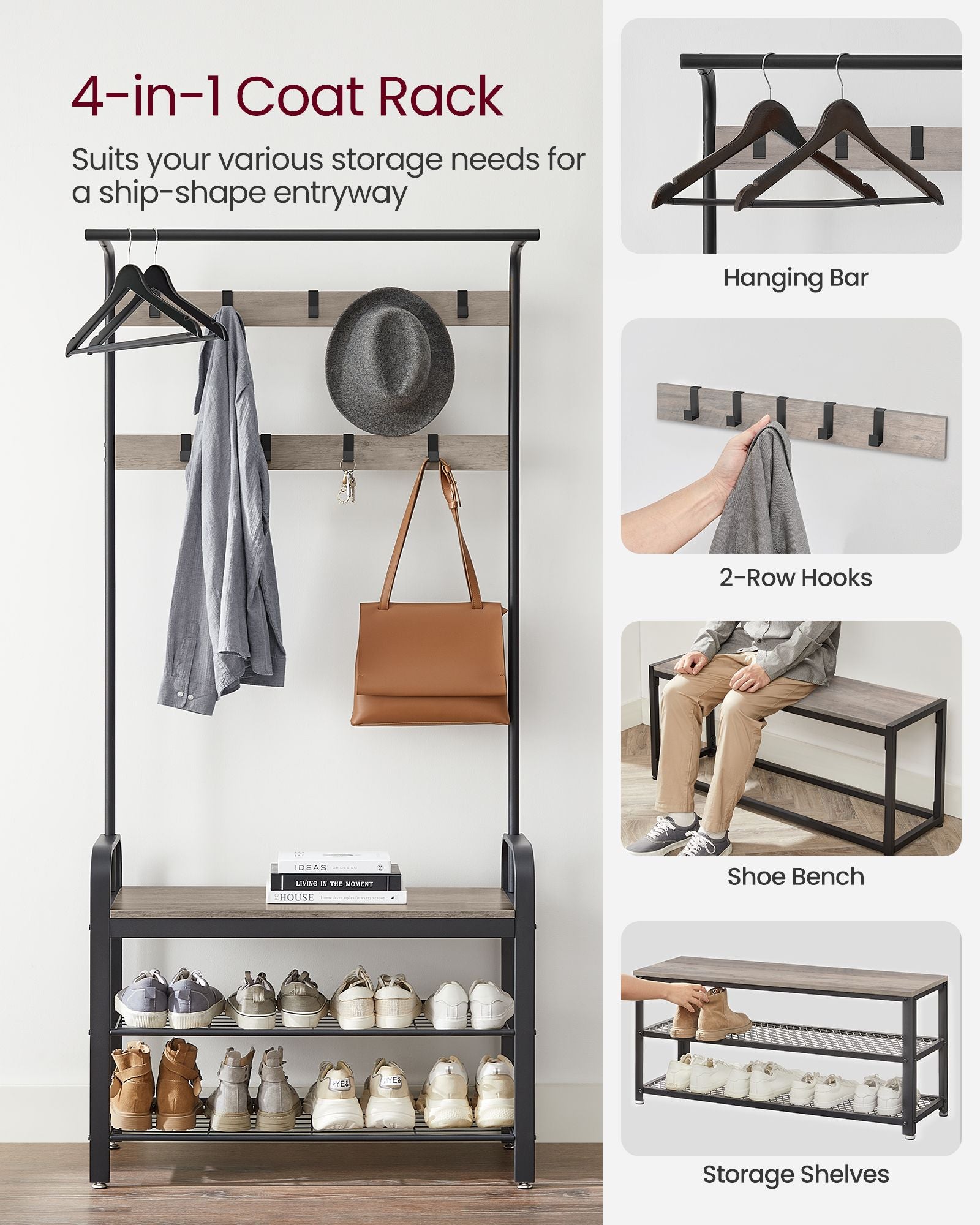 Coat Rack with Shoe Bench - For Entryway - 3-in-1 Design