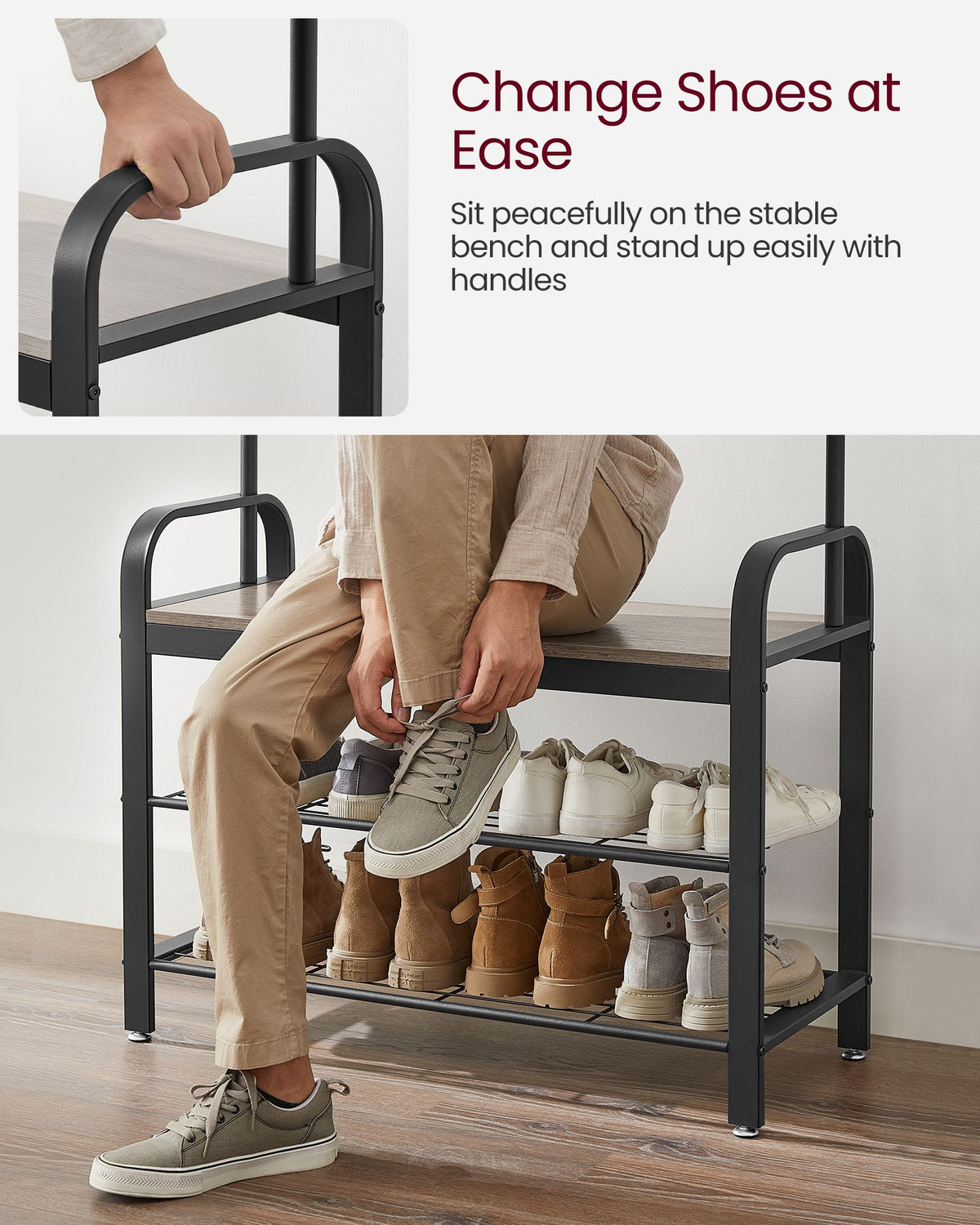 Coat Rack with Shoe Bench - For Entryway - 3-in-1 Design