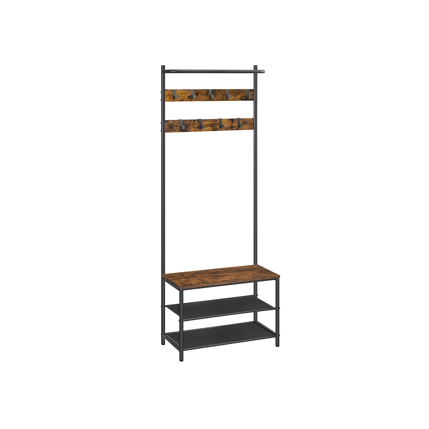 Hall Tree With Bench And Shoe Storage - 71 Inch - Coat Rack Bench Combo - Brown + Black