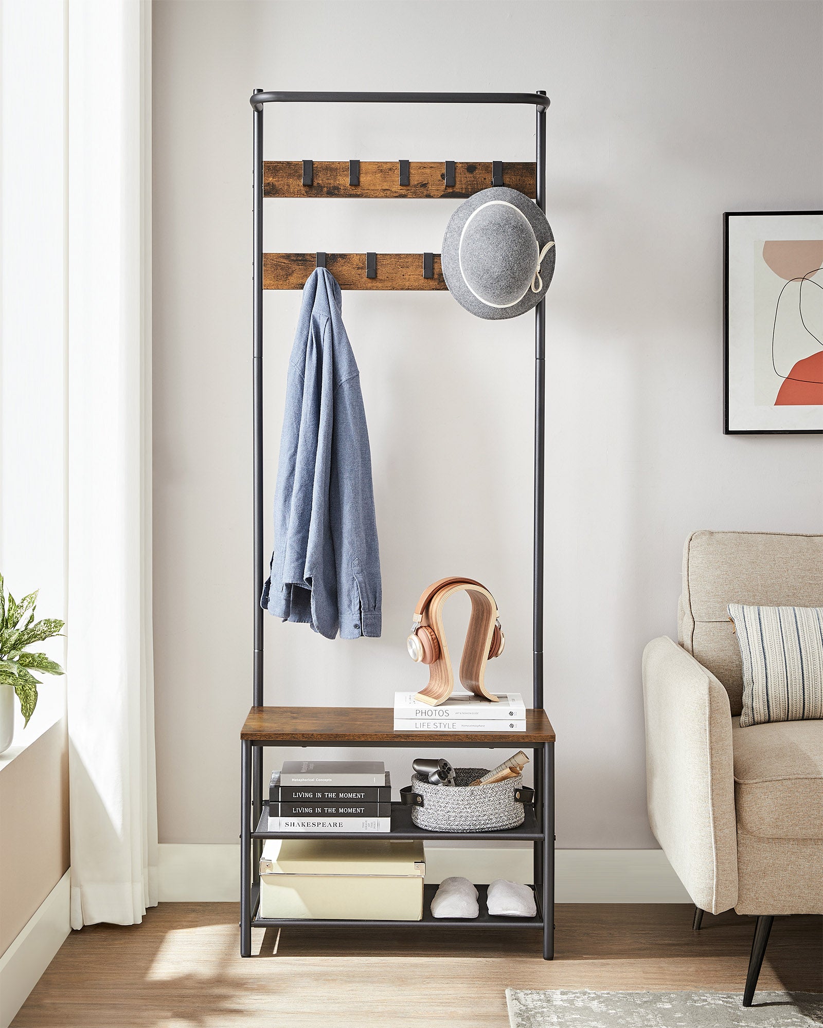 Hall Tree With Bench And Shoe Storage - 71 Inch - Coat Rack Bench Combo