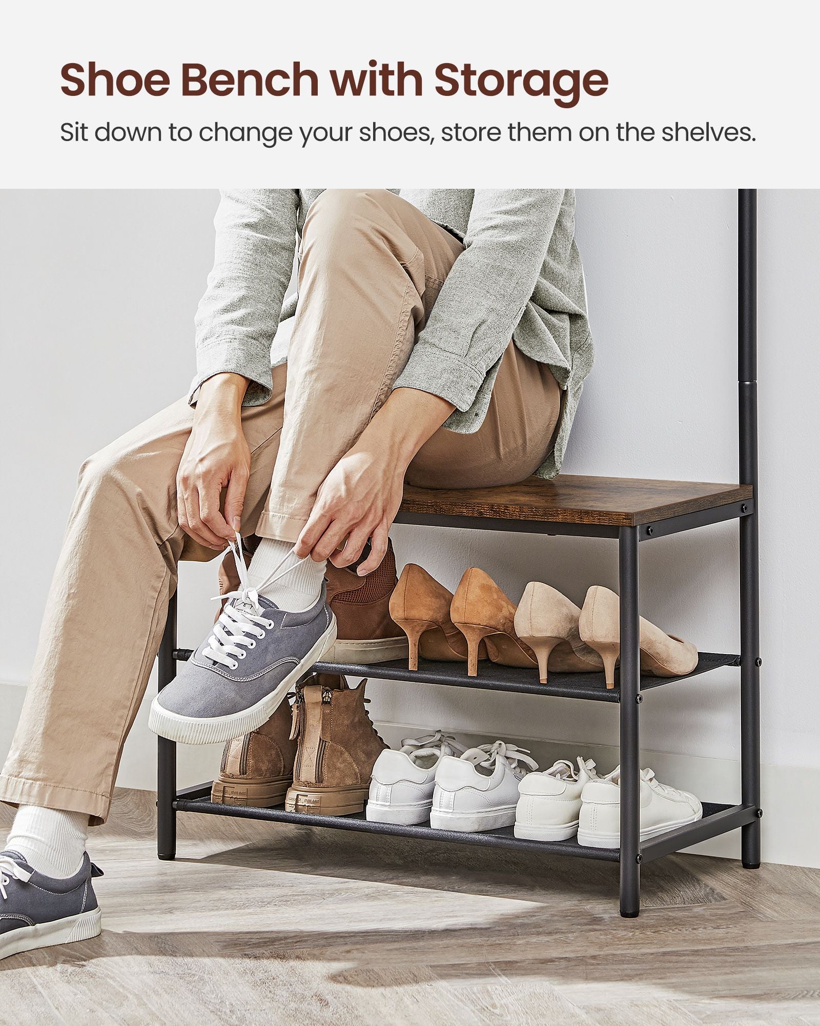 Hall Tree With Bench And Shoe Storage - 71 Inch - Coat Rack Bench Combo