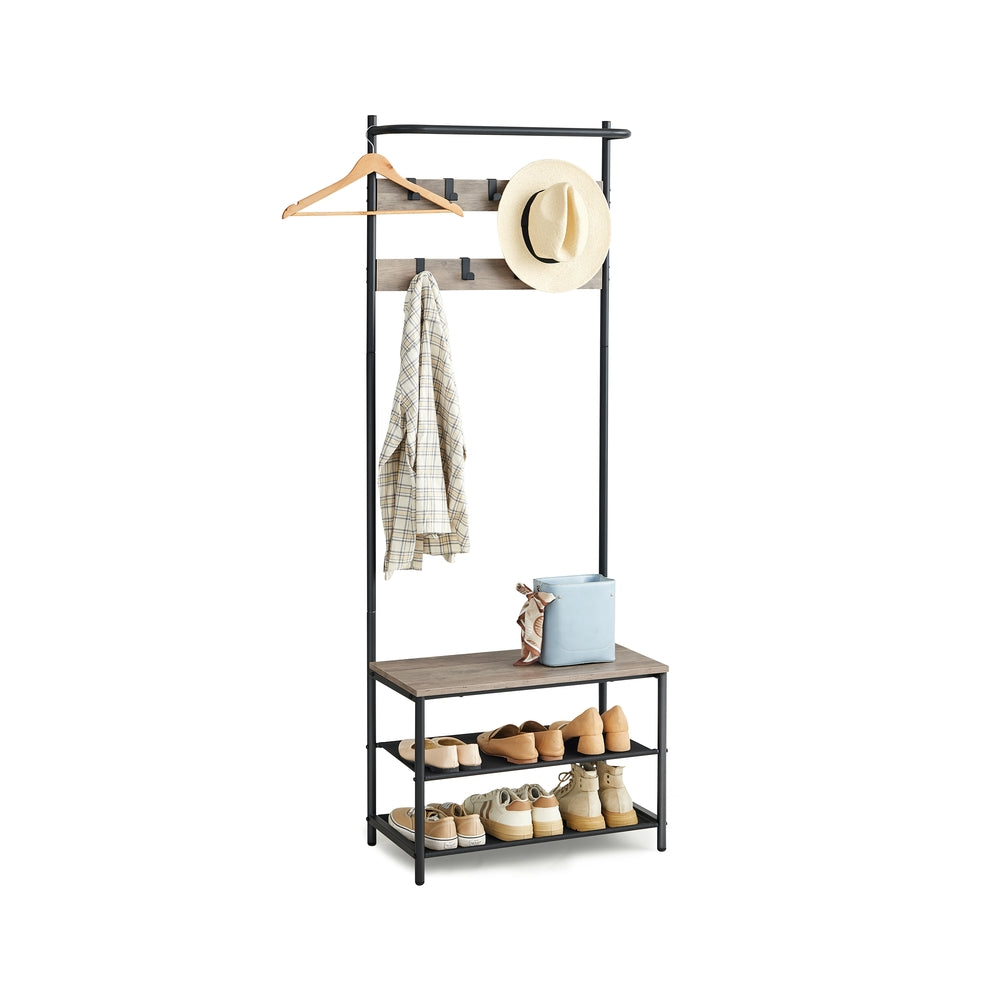Hall Tree With Bench And Shoe Storage - 71 Inch - Coat Rack Bench Combo - Greige + Black