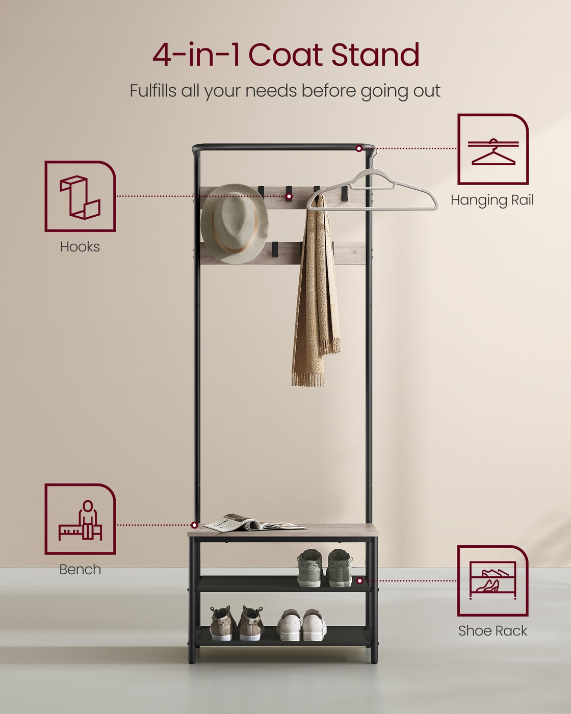 Hall Tree with Bench and Shoe Storage - 71 inch - Coat Rack Bench Combo