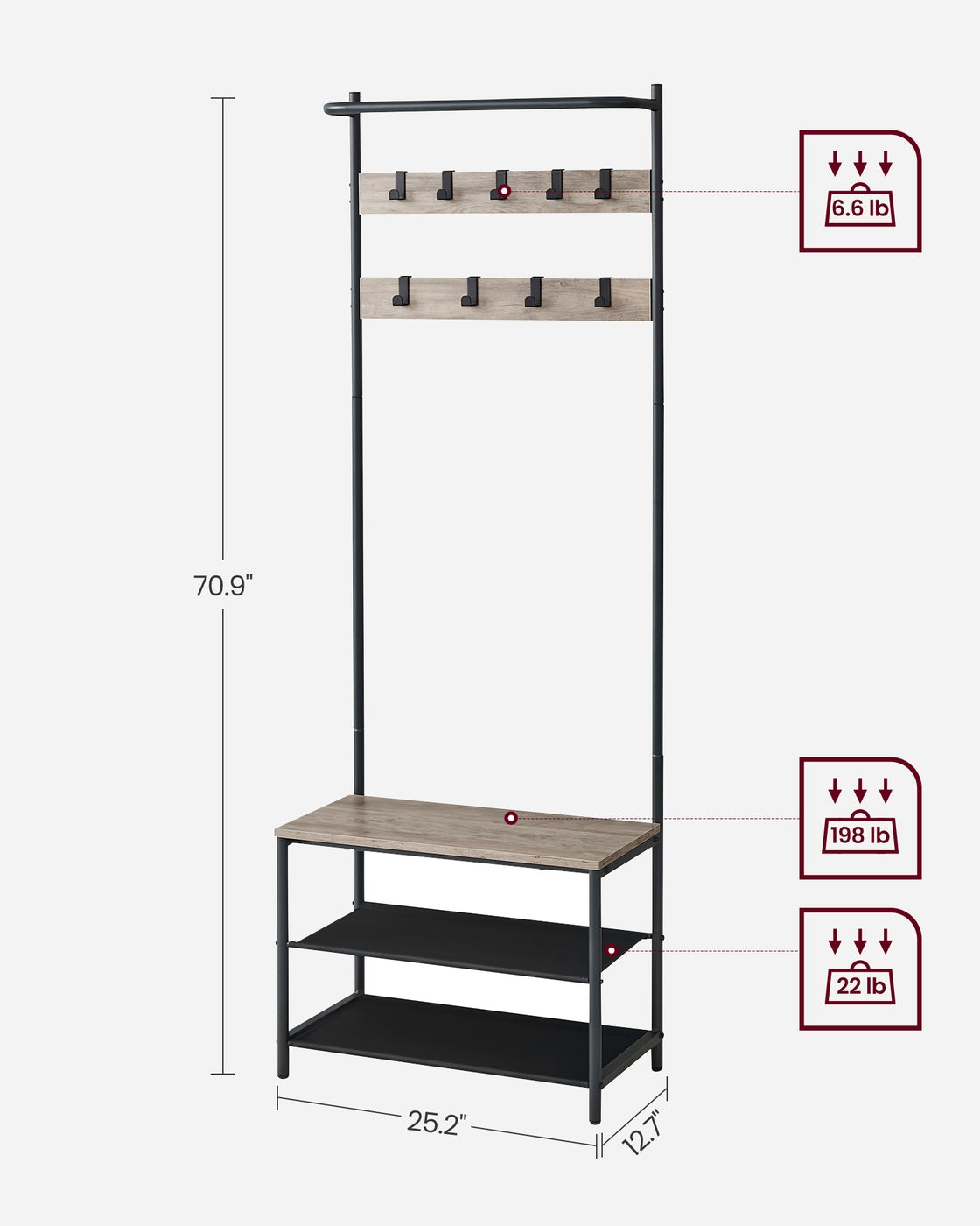 Hall Tree with Bench and Shoe Storage - 71 inch - Coat Rack Bench Combo