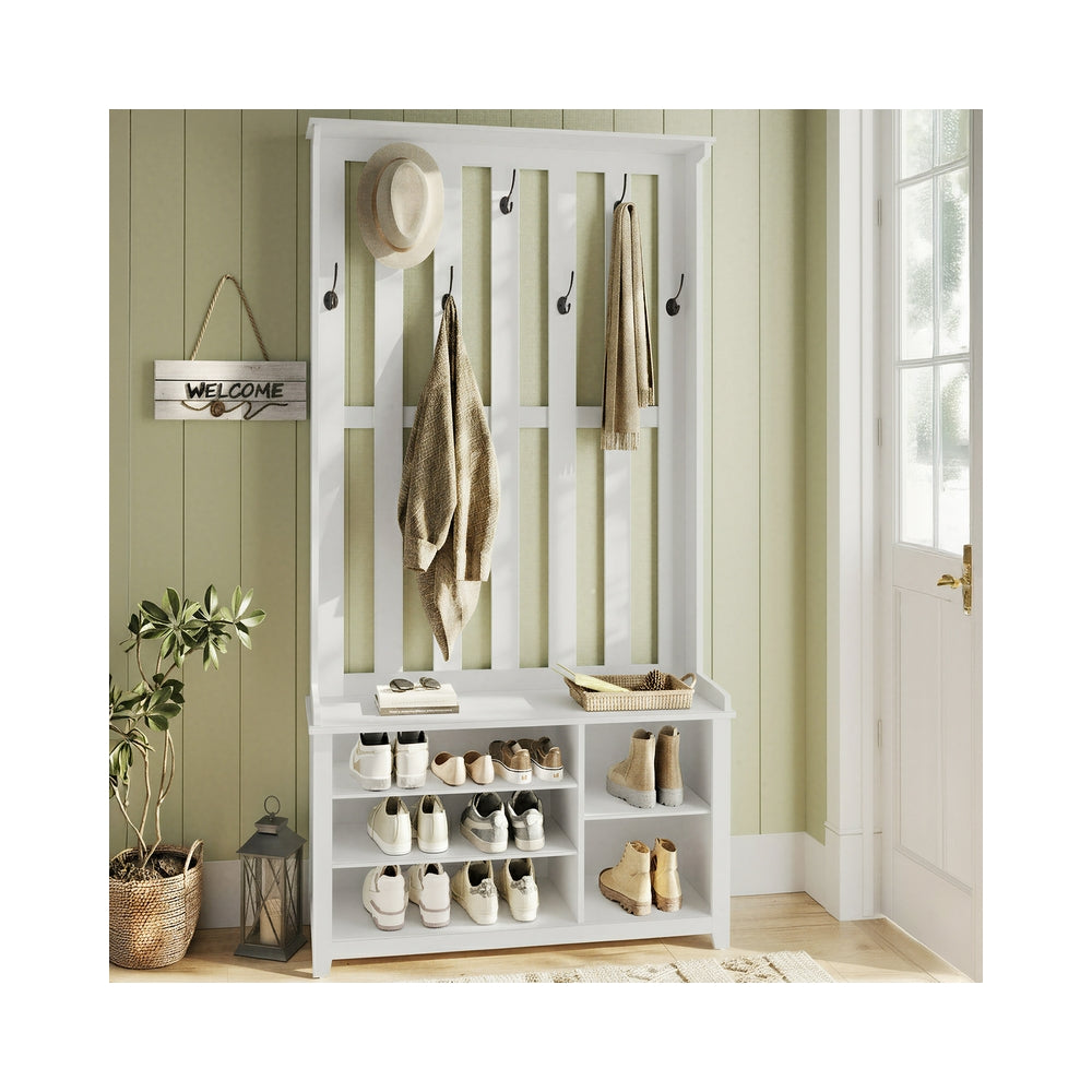 Hall Tree with Bench, Shoe Storage, 7 Double Hooks, Adjustable Shelves, Entryway Organizer - Matte White