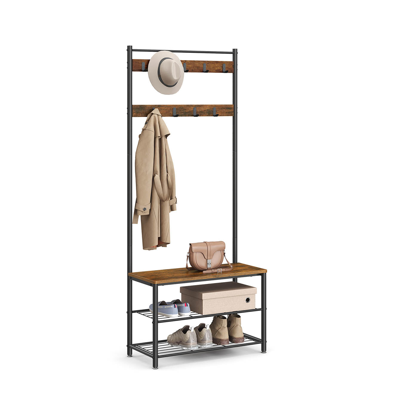 Coat Rack - Hall Tree with Shoe Storage Bench - Rustic Brown, Black