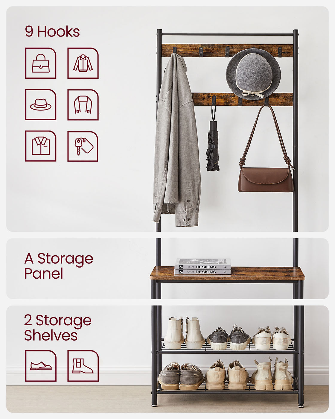 Coat Rack - Hall Tree with Shoe Storage Bench