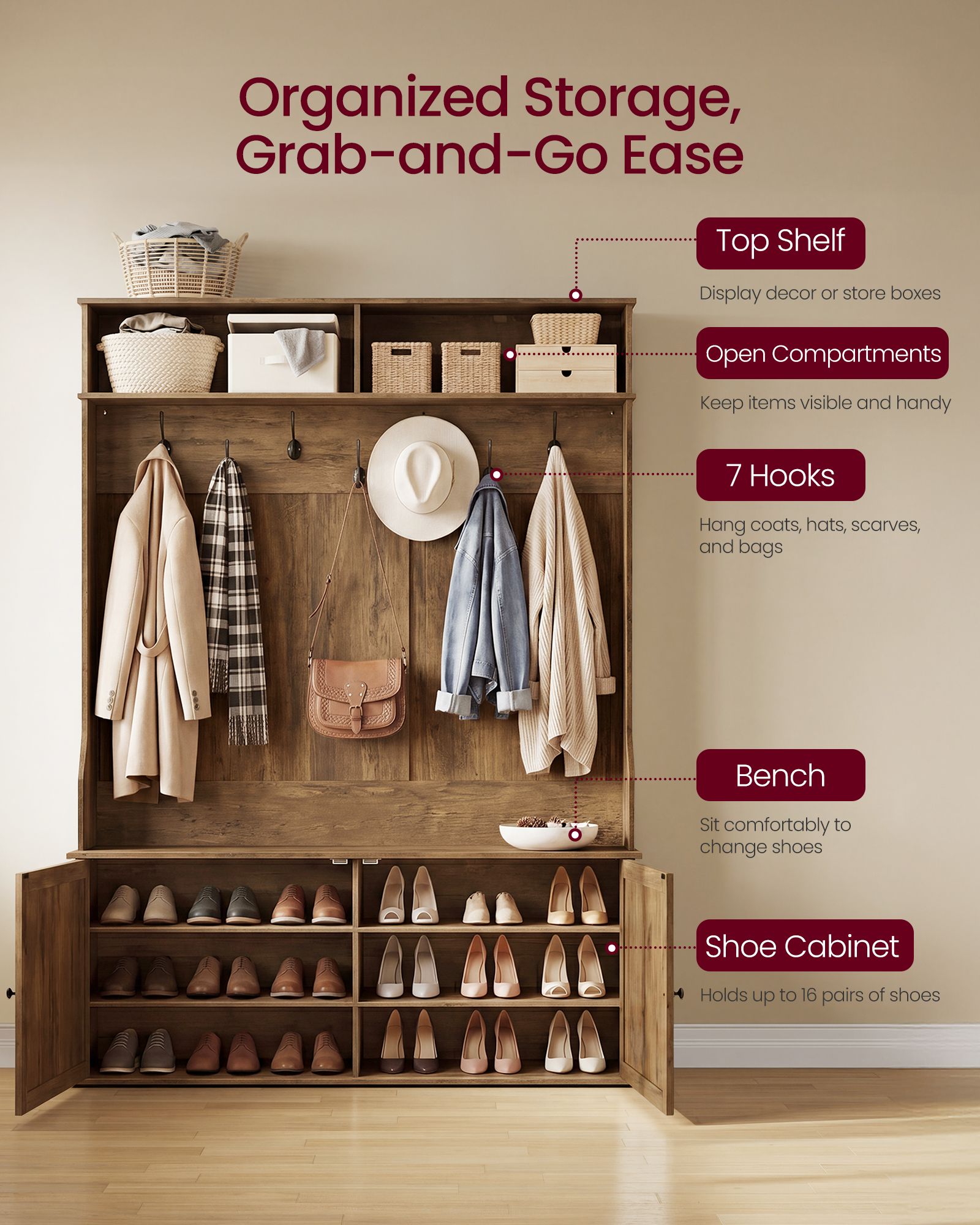 Hall Tree with Bench and Shoe Storage - Rustic Brown