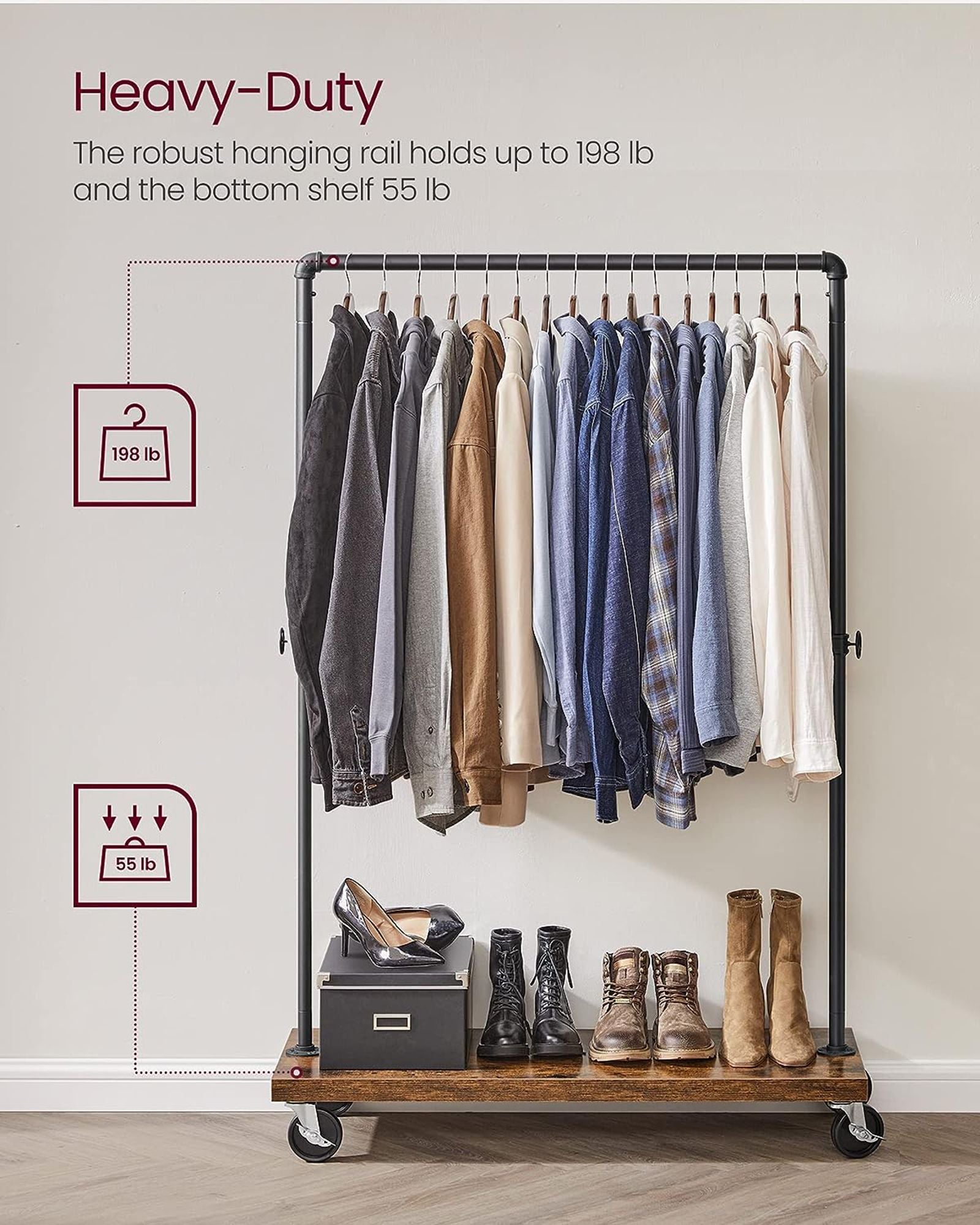 Heavy Duty Rolling Clothing Rack with Shelf