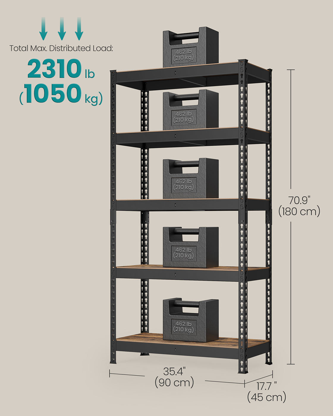 Heavy-Duty 5-Tier Garage Shelf, Adjustable, Boltless, Divides into 2 Units, 29.5"/35.4"