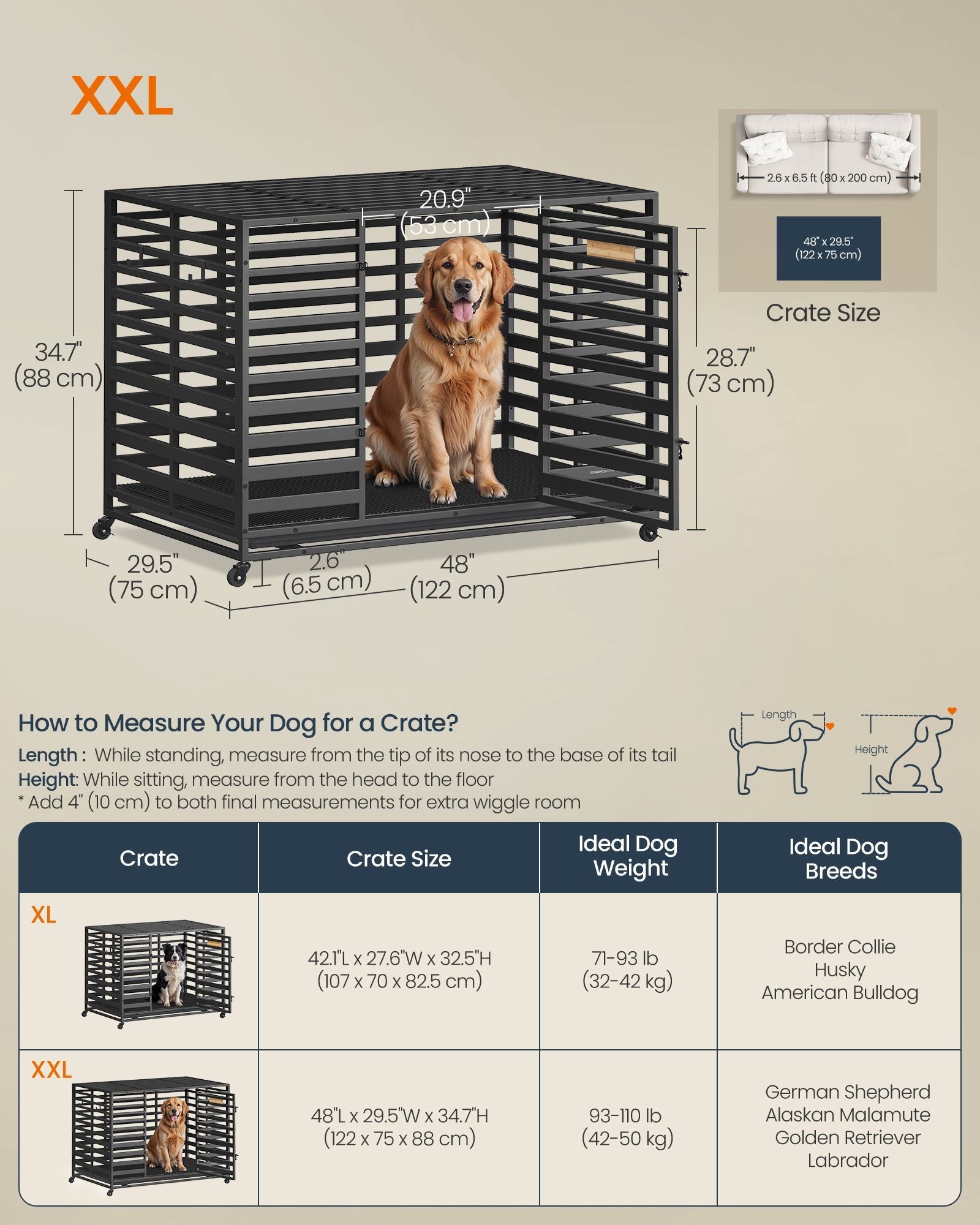Heavy-Duty Dog Crate – Expandable Steel Kennel – 2 Sizes Available with Wheels and Tray