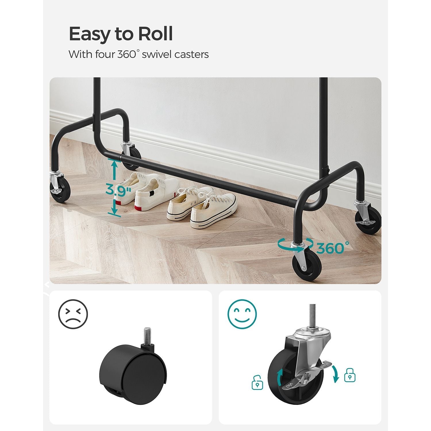 Heavy-duty clothes rack with extendable rod – rolling garment rack with lockable wheels – max load 286.6 lb