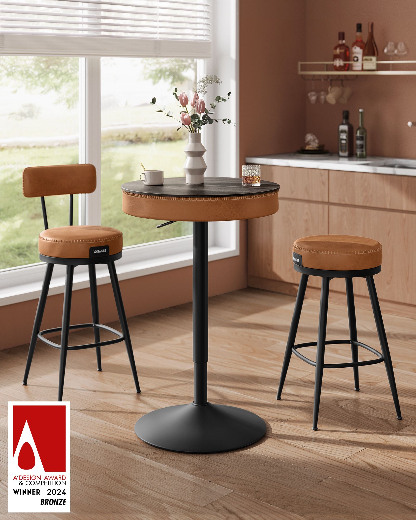 Height-Adjustable Bar Table, Hidden Storage, 23.1" Dia., 32.7"–41.3" H, Round