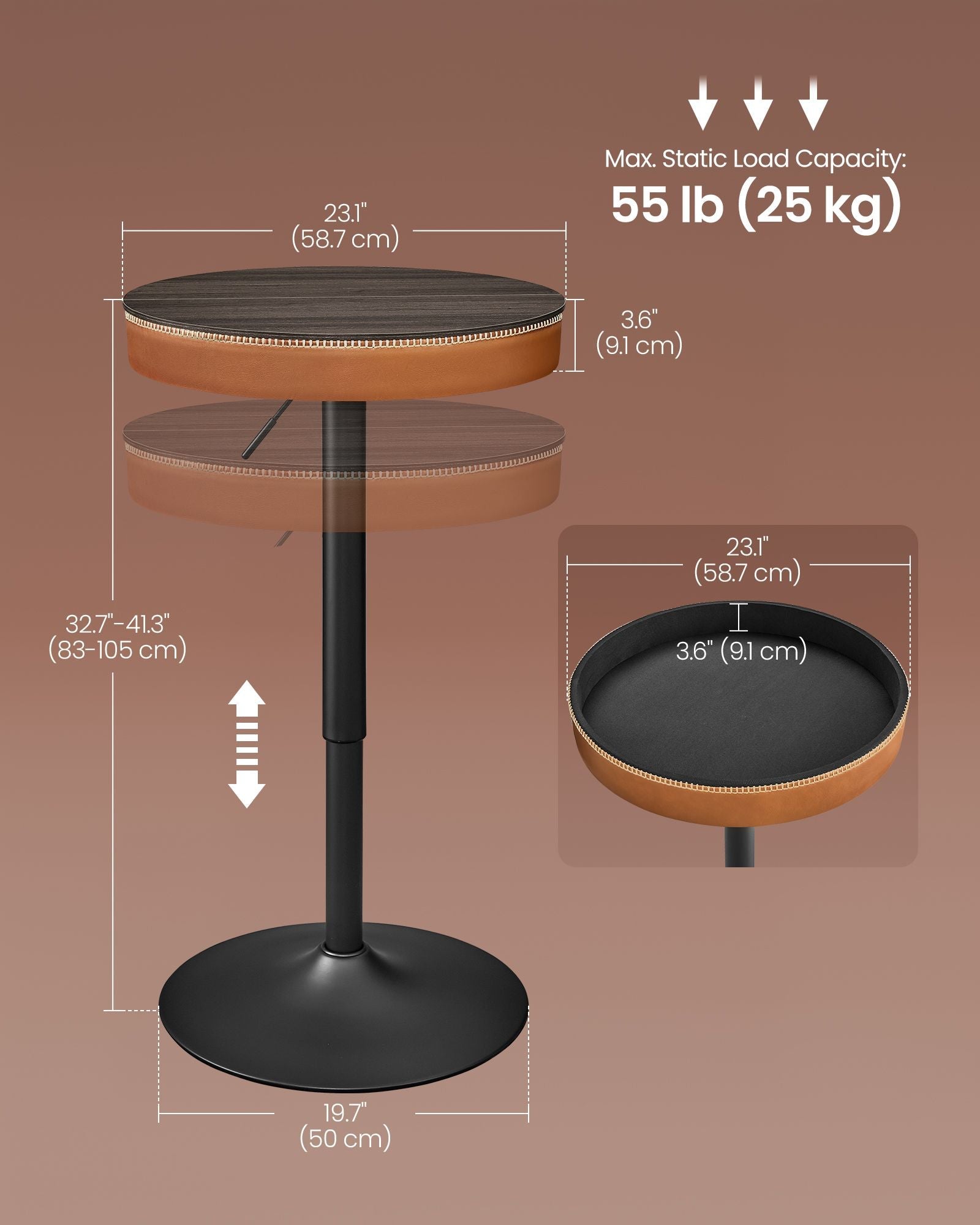 Height-Adjustable Bar Table, Hidden Storage, 23.1" Dia., 32.7"–41.3" H, Round