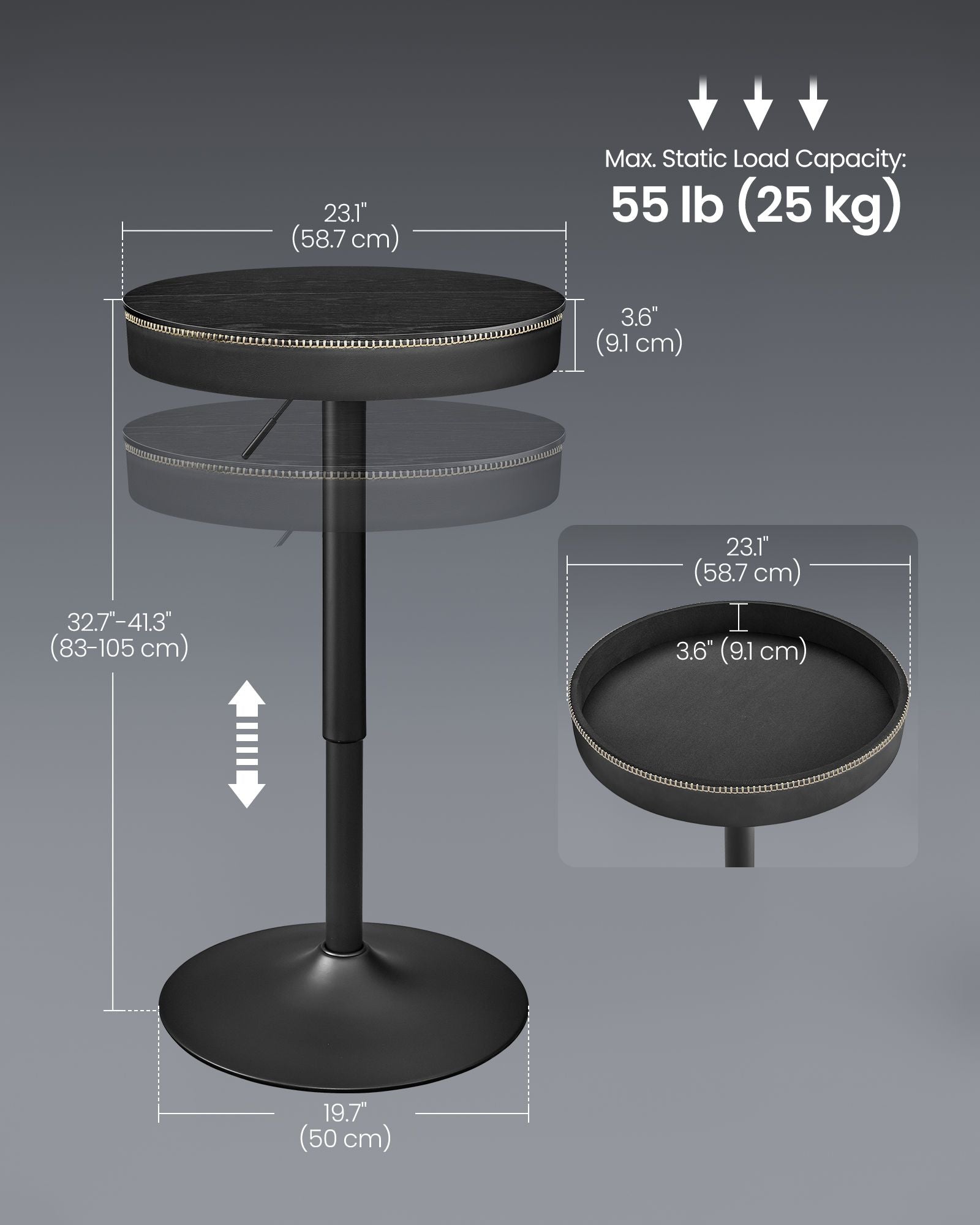 Height-Adjustable Bar Table, Hidden Storage, 23.1" Dia., 32.7"–41.3" H, Round