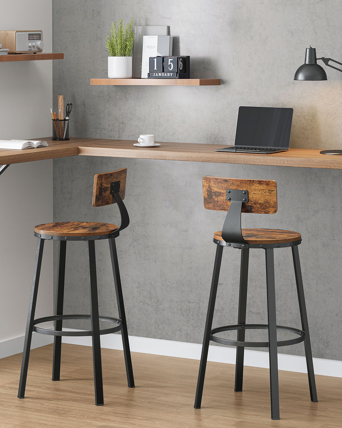Industrial bar stools – set of 2 – rustic brown – 28.7" seat height