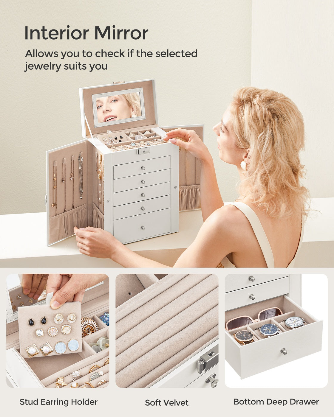 Jewelry Storage Box - 6 Drawers - With Mirror and Lock