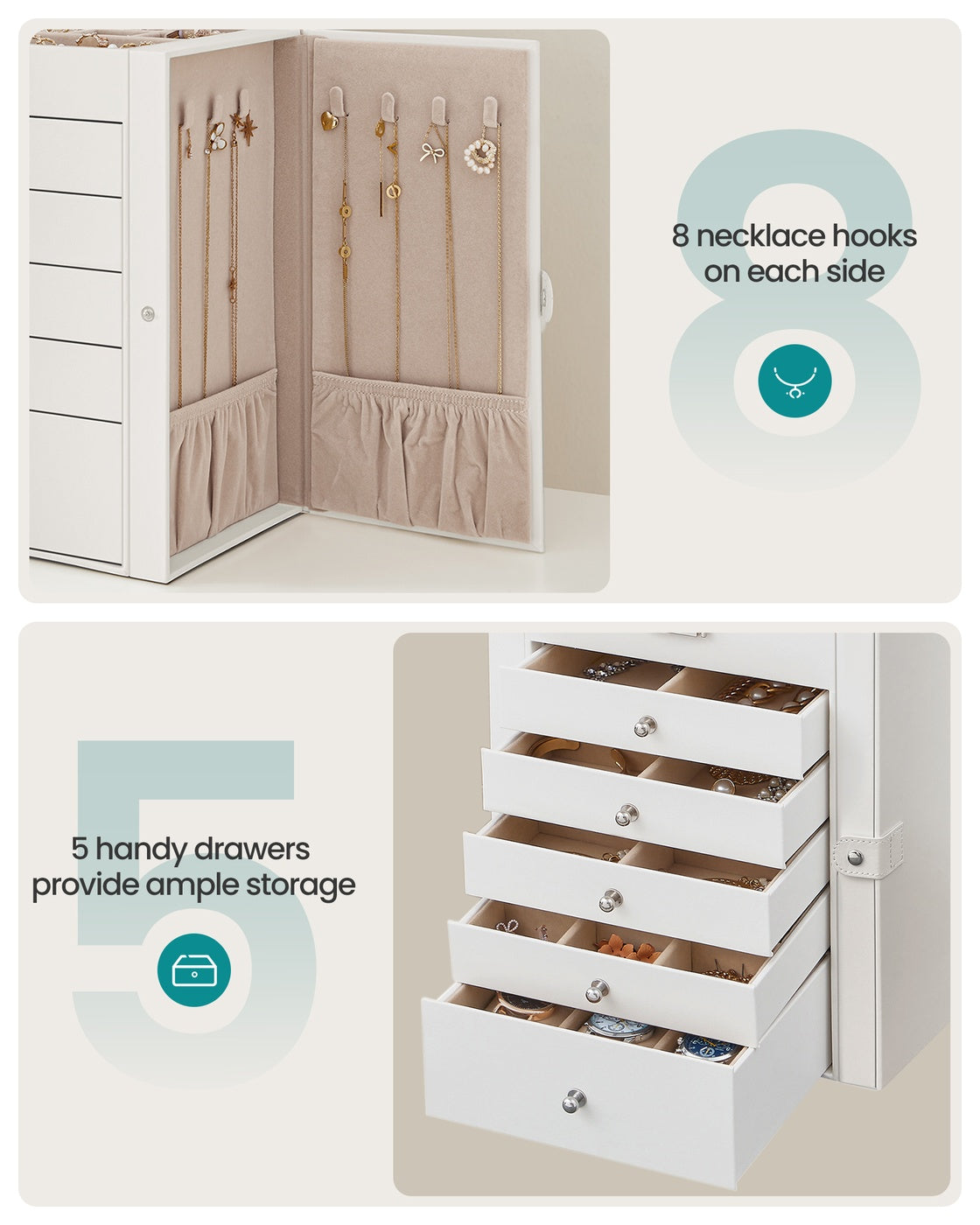 Jewelry Storage Box - 6 Drawers - With Mirror and Lock